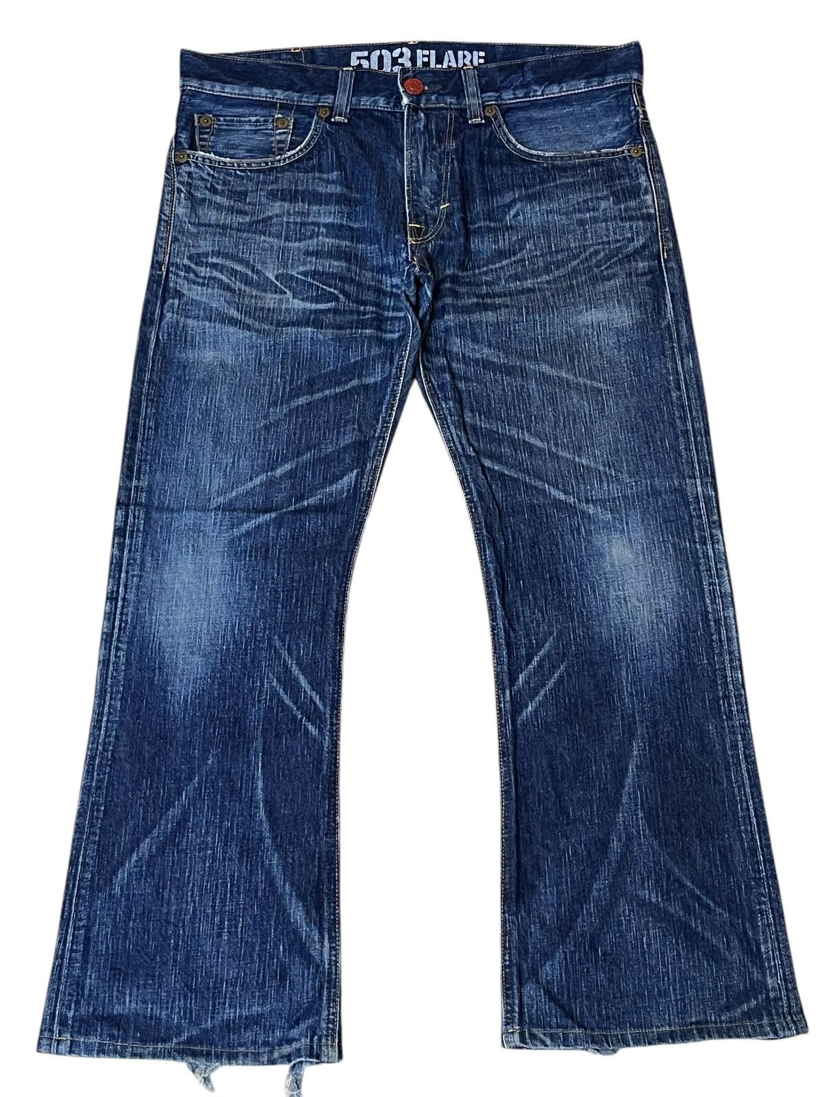Edwin SICK🔥VINTAGE EDWIN 503 FLARED BLUE TRIP DISTRESSED JEANS Size US 35 - 2 Thumbnail