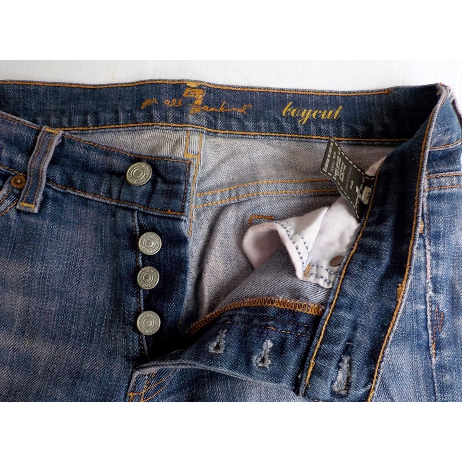 7 For All Mankind 7 FOR ALL MANKIND "boycut" Button Fly Tie Dye Jeans Blue/Ivory/Pink SZ 28X29 Womens Denim Cotton/Elastane Bootcut 98% Cotton 2% Elastane Jeans Size 28" / US 6 / IT 42 - 4 Thumbnail