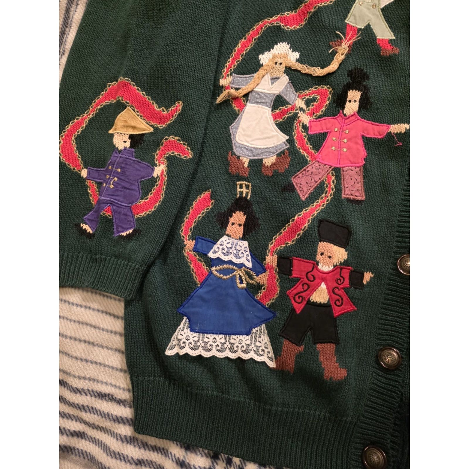 VINTAGE Susan Bristol Sweater Cardigan Women Large Green 90s Folk Art Geometric Embroidered Button Raglan Sleeve