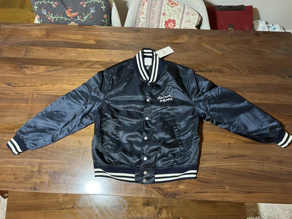 Maison Kitsune Navy Satin Teddy Bomber Jacket Maison Kitsune