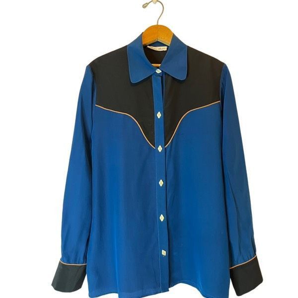 Vintage Vintage Lillie Rubin blue black 100% silk western blouse Size M / US 6-8 / IT 42-44 - 3 Thumbnail