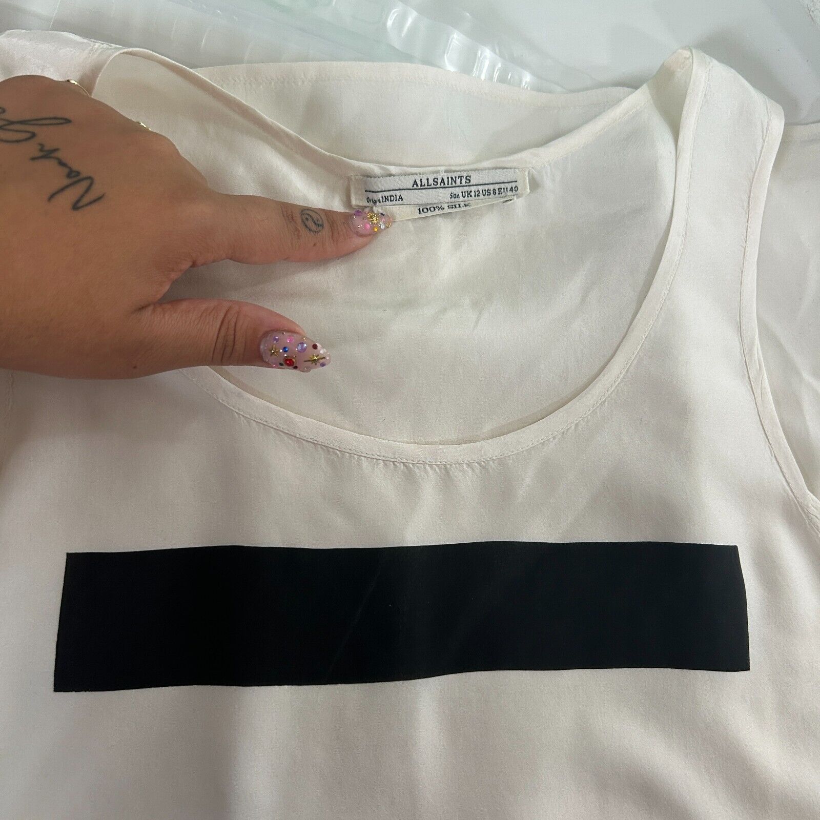 Allsaints Allsaints Off-White Silk Long Line Tank Black Block Front 8 Size M / US 6-8 / IT 42-44 - 3 Thumbnail