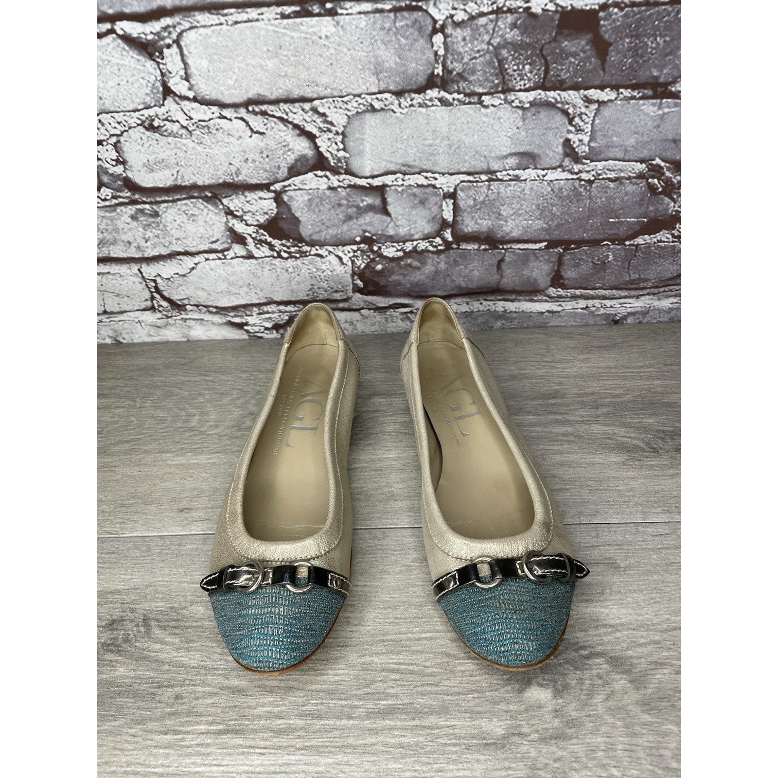 AGLINI AGL Metallic Gold Shimmer Leather Blue Cap Toe Ballet Flats Size US 6 / IT 36 - 9 Thumbnail