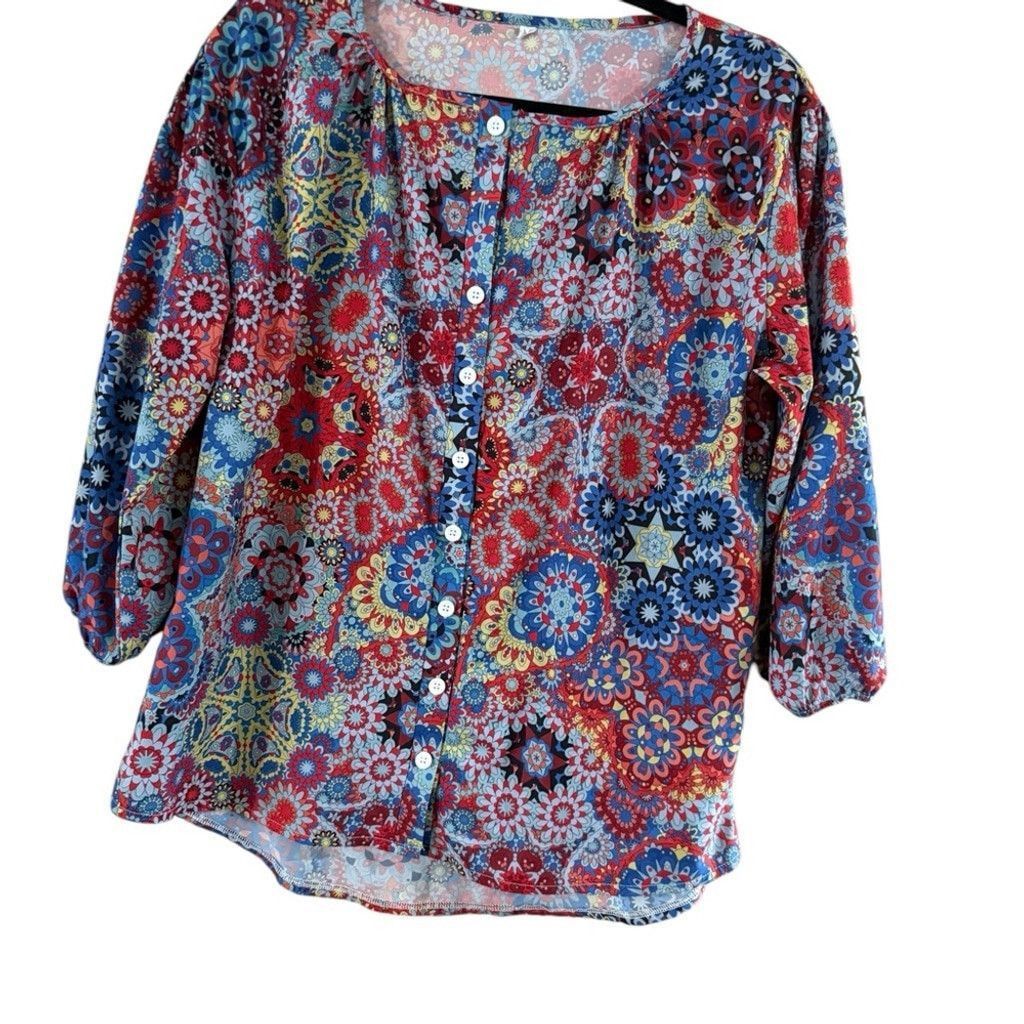 Other Vibrant Red and Blue Buttoned Blouse with 3/4 Sleeves Size L / US 10 / IT 46 - 6 Thumbnail