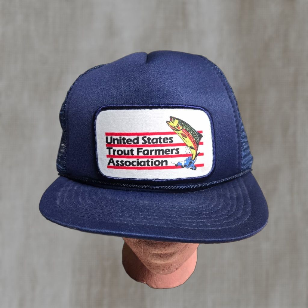 Vintage VINTAGE United States Trout Farmers Association Patch Logo Baseball Hat One Size Blue Cotton Canvas Adjustable Embroidered Patch Men Hat Size ONE SIZE - 1 Thumbnail