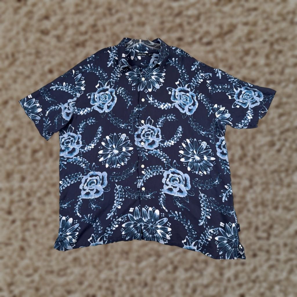 Nautica Nautica Shirt Men 2XL Blue Floral Silk Short Sleeve Button-Up Vacation Beach Aloha 90s Mens Size US XXL / EU 58 / 5 - 1 Thumbnail