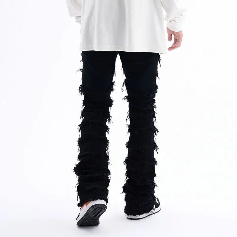 Jean Black Striped Tassel Frayed Straight Baggy Jeans Pants Size US 32 / EU 48 - 2 Thumbnail