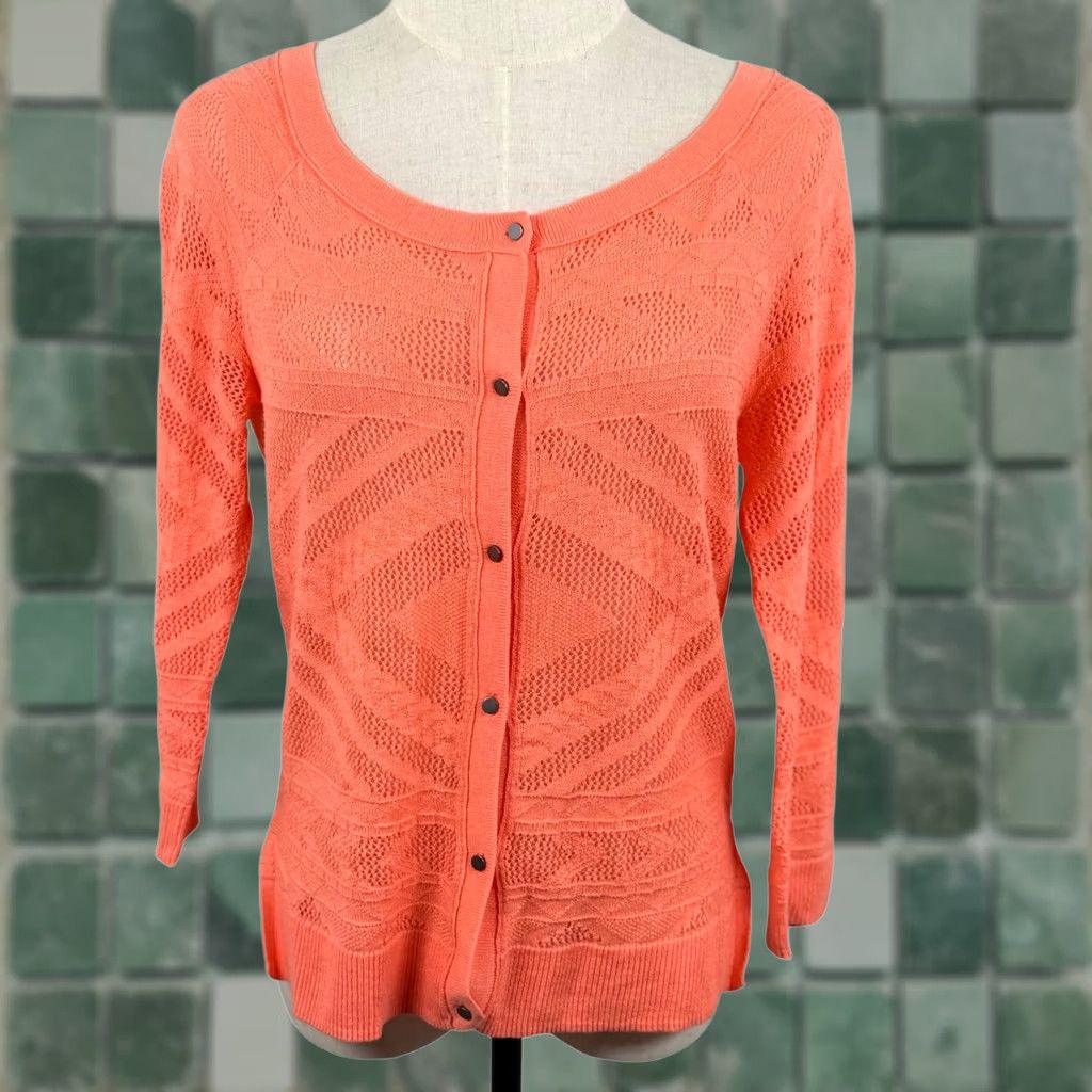 American Eagle Outfitters VINTAGE American Eagle Cardigan M Coral Orange Pointelle Diamond Open Knit Retro 2012 Size M / US 6-8 / IT 42-44 - 1 Thumbnail