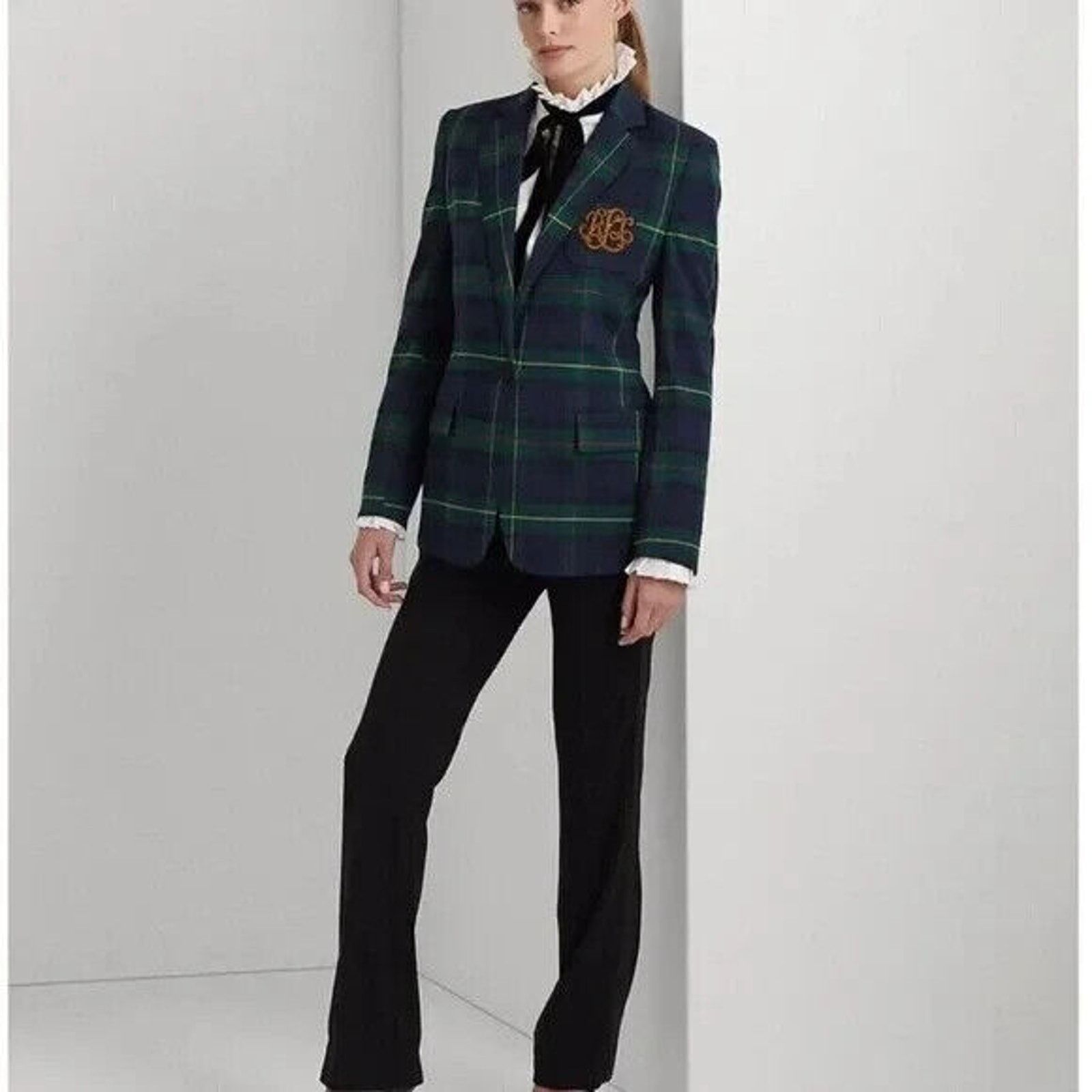 Lauren Ralph Lauren RALPH LAUREN GREEN TARTAN PLAID BULLION CRESTED BLAZER SZ 12 Size XL / US 12-14 / IT 48-50 - 8 Thumbnail