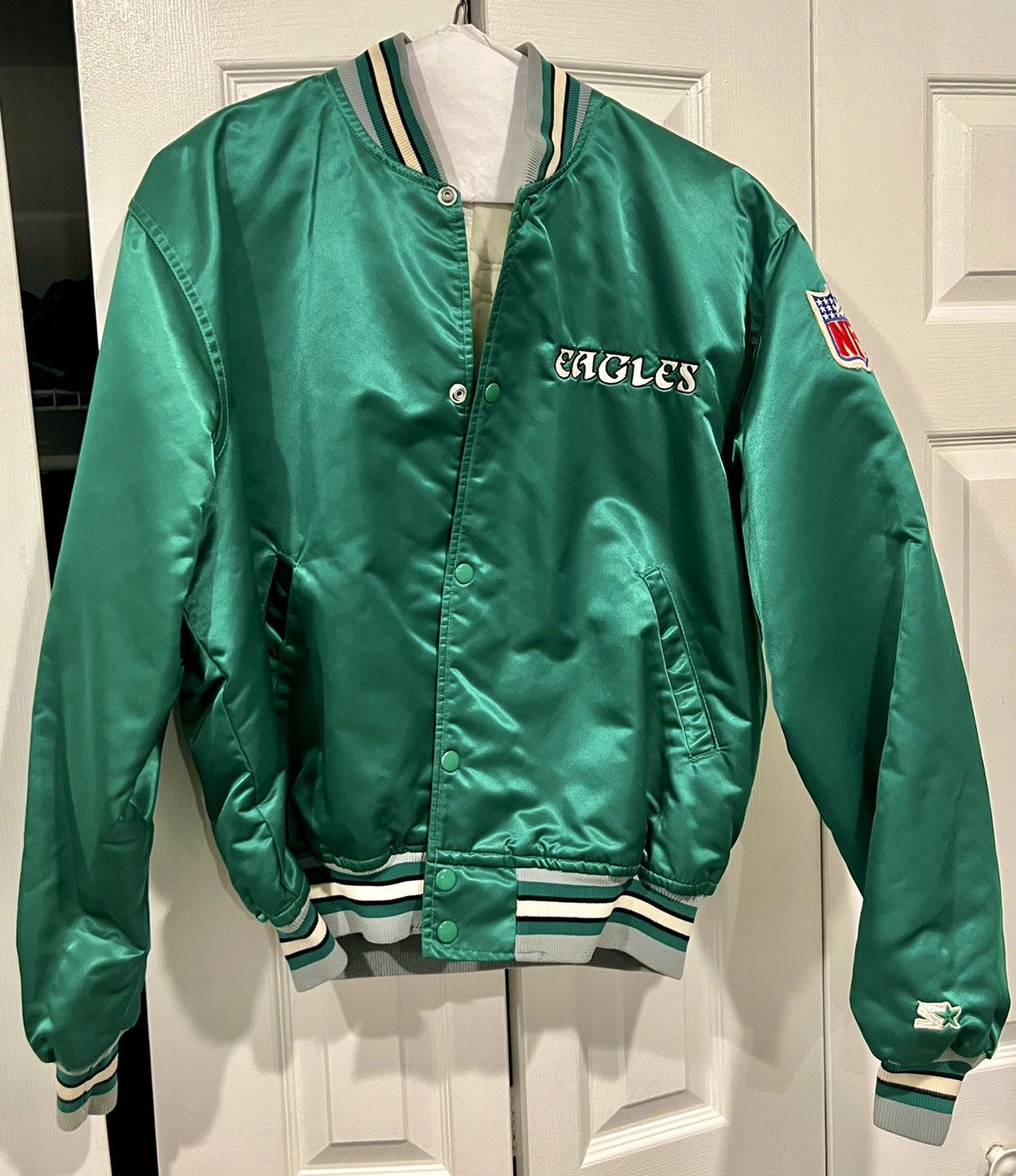 image of Nfl x Vintage 80's Philadelphia Eagles Green Satin Bomber Jacket in Kelly Green, Men's (Size XL)