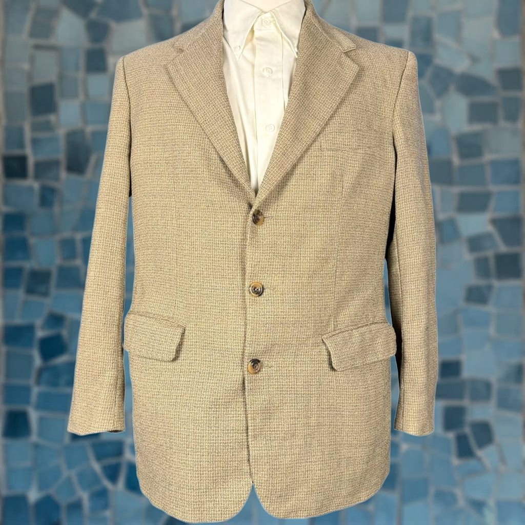 Bill Blass VINTAGE Bill Blass Blazer 42R Wool Tweed Brown/Tan Single-Breasted Jacket Mens Suit Coat Sports Coat 90s Preppy Geometric Pattern Size 42R - 1 Thumbnail