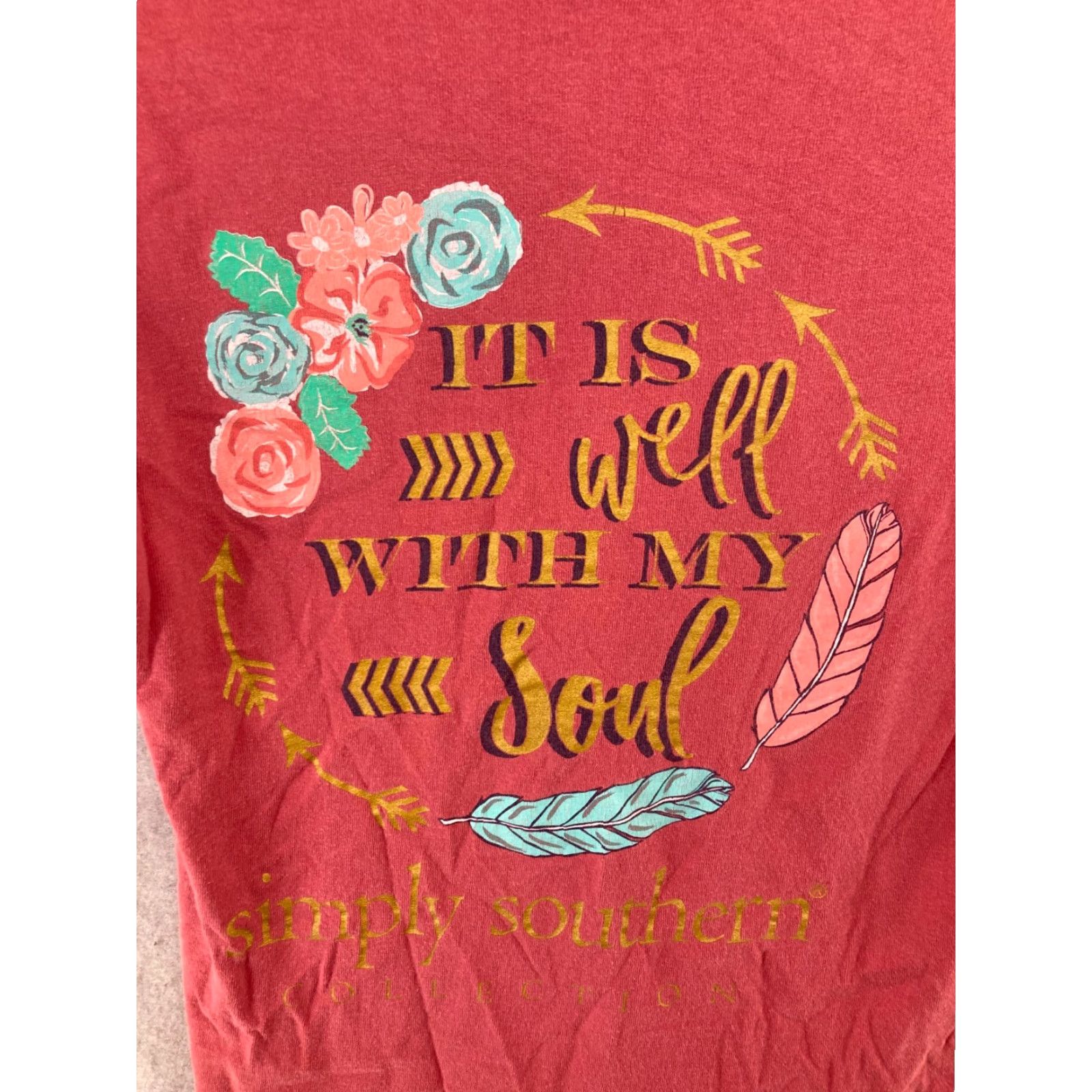 Vintage Simply Southern TShirt Womens Small Pink Floral Feather Faith Crew Neck Short Sleeve Casual Cotton Jersey Size S / US 4 / IT 40 - 2 Thumbnail