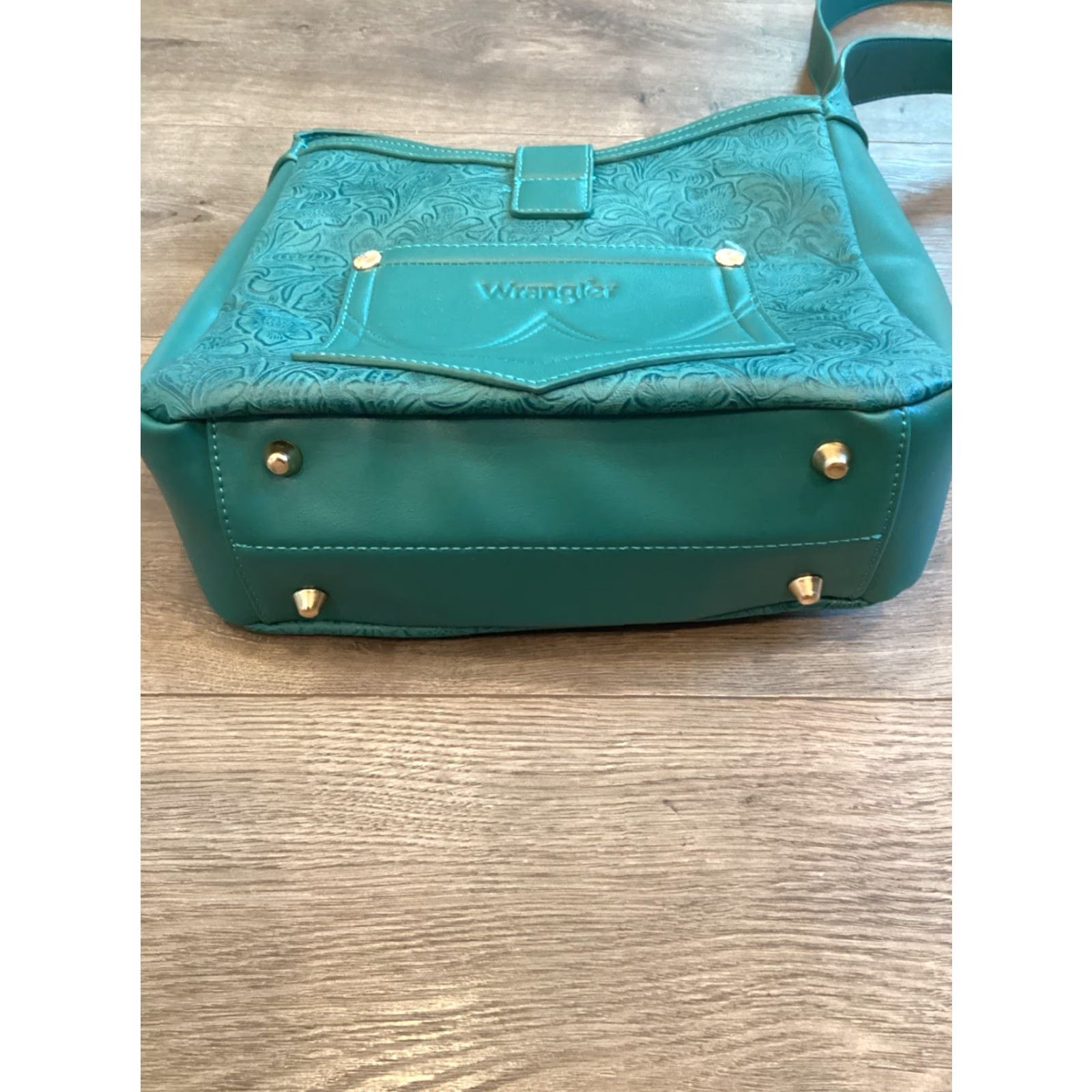 Wrangler Wrangler Turquoise Canvas Crossbody Handbag - Green/Teal Floral Embossed Exterior, Zip, Detachable Strap, Small, Women, Western Theme Size ONE SIZE - 5 Thumbnail