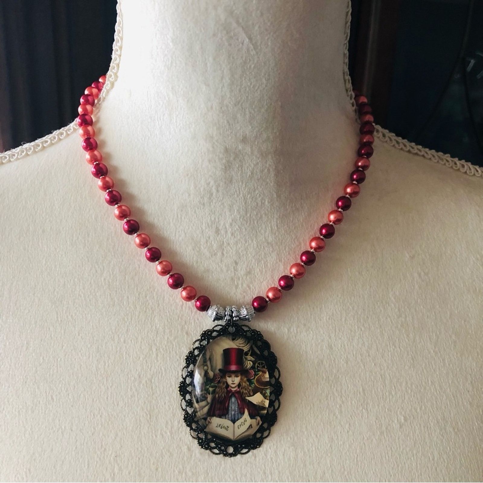 Handmade Handcrafted repurpose top hat girl cameo Pearl necklace Size ONE SIZE - 2 Thumbnail