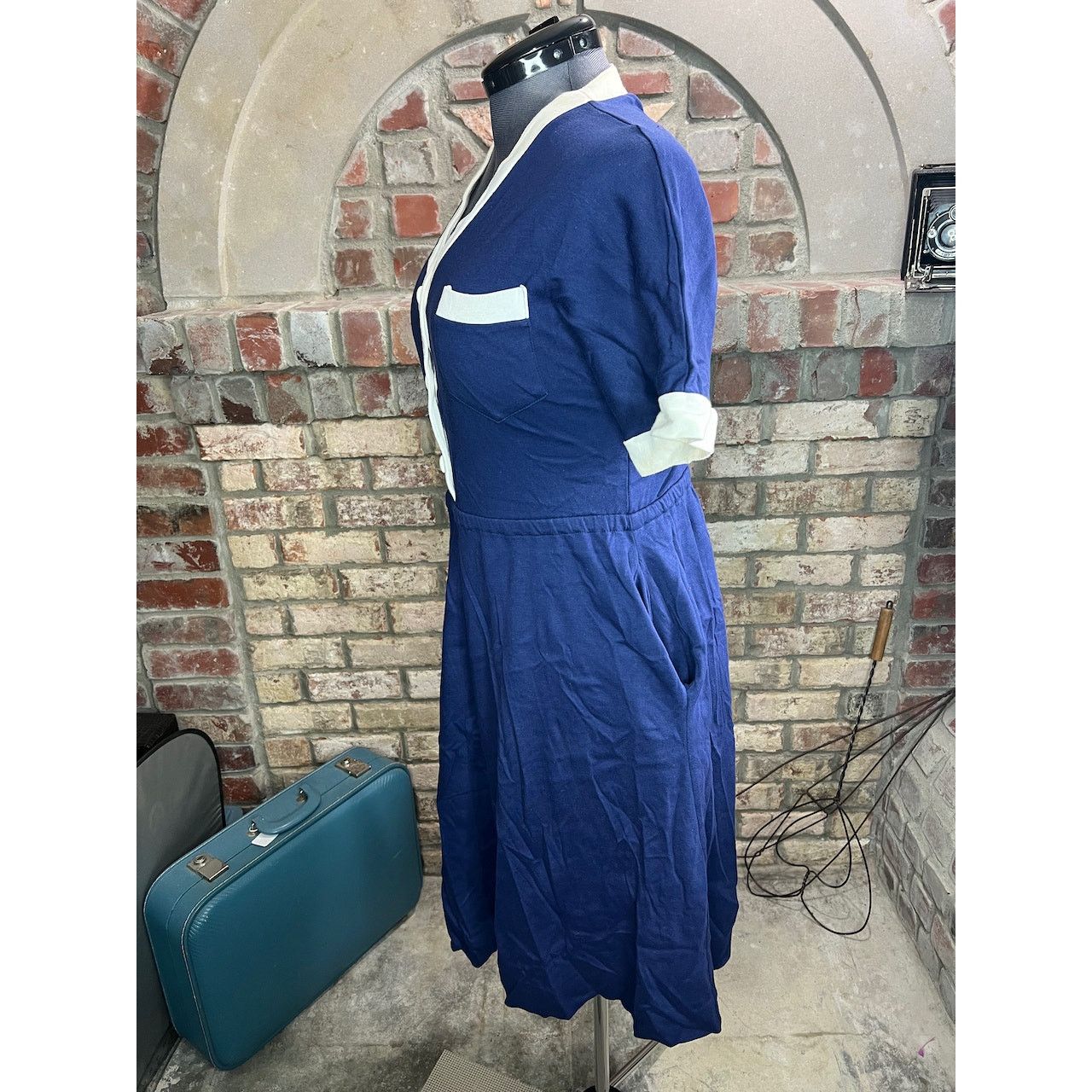 Vintage dress knit swing skirt pockets navy blue white casual Size M / US 6-8 / IT 42-44 - 4 Thumbnail