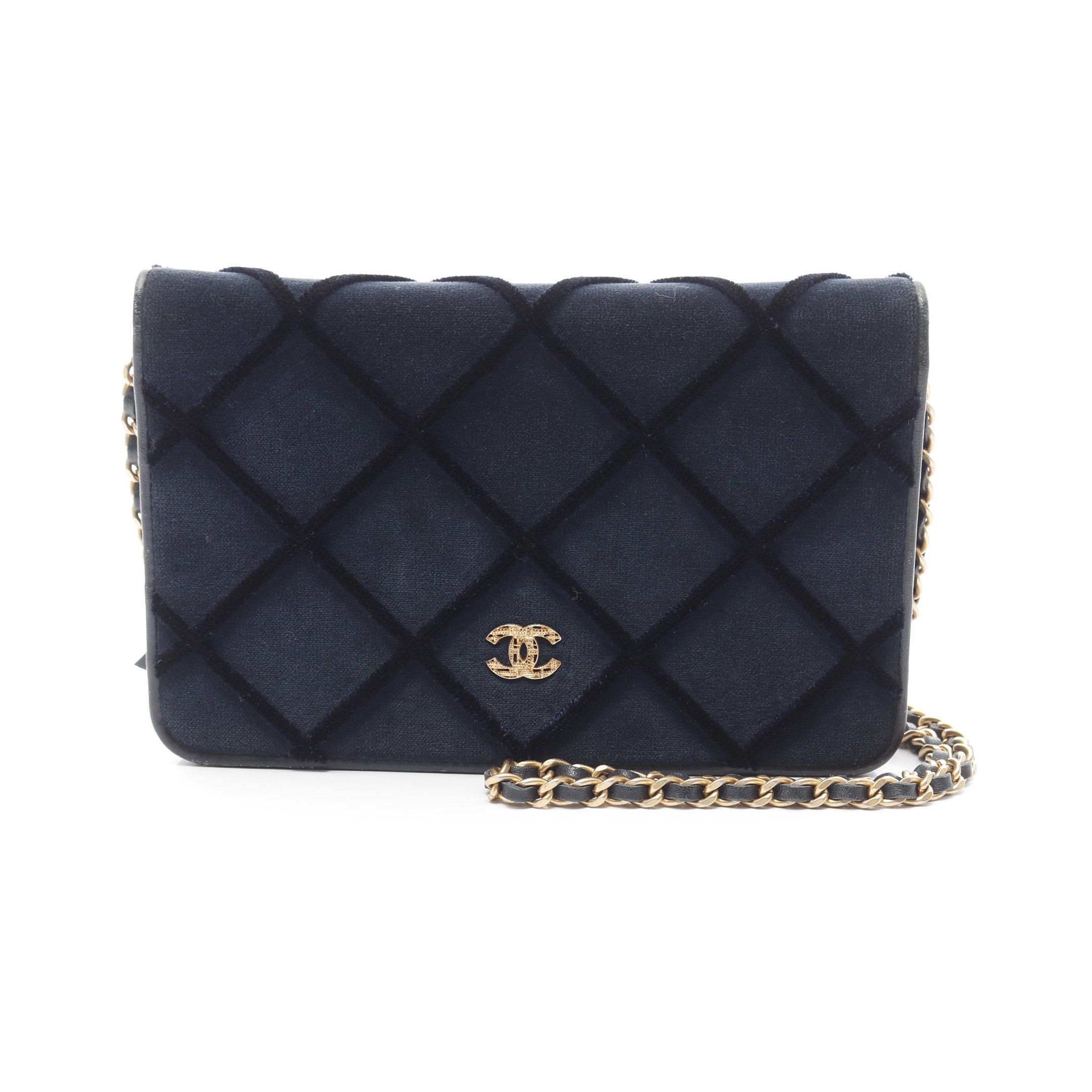 Chanel Chanel Coco Mark Shoulder Wallet Velor Leather Dark Blue Gold Hardware Size ONE SIZE - 1 Thumbnail