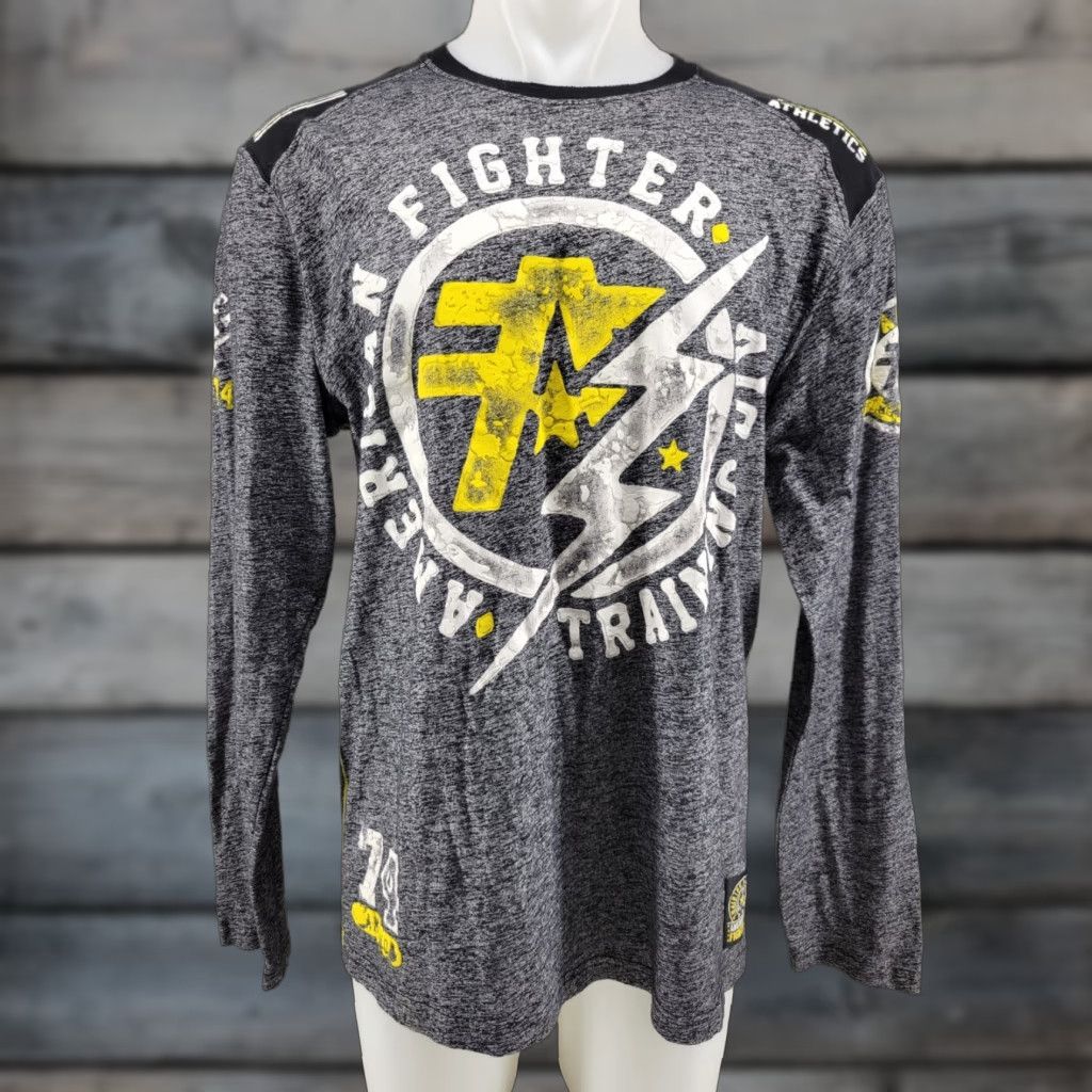 Vintage American Fighter Shirt Long Sleeve Mens XL Gray Yellow MMA Y2kXS? Size US XL / EU 56 / 4 - 1 Thumbnail
