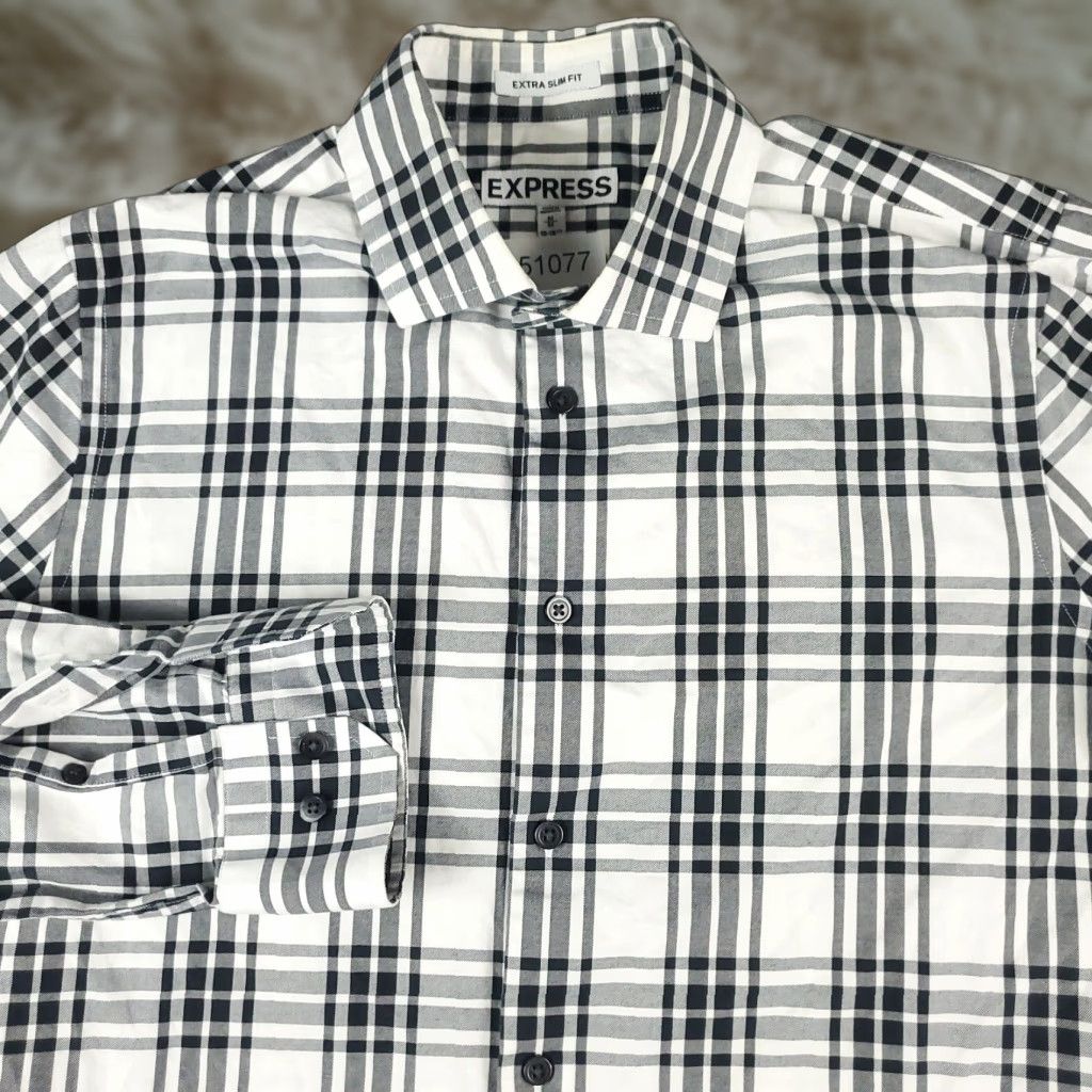 Express VINTAGE EXPRESS Shirt Mens Size Medium Gray Plaid Button-Up Long Sleeve Slim Fit Size US M / EU 48-50 / 2 - 1 Thumbnail