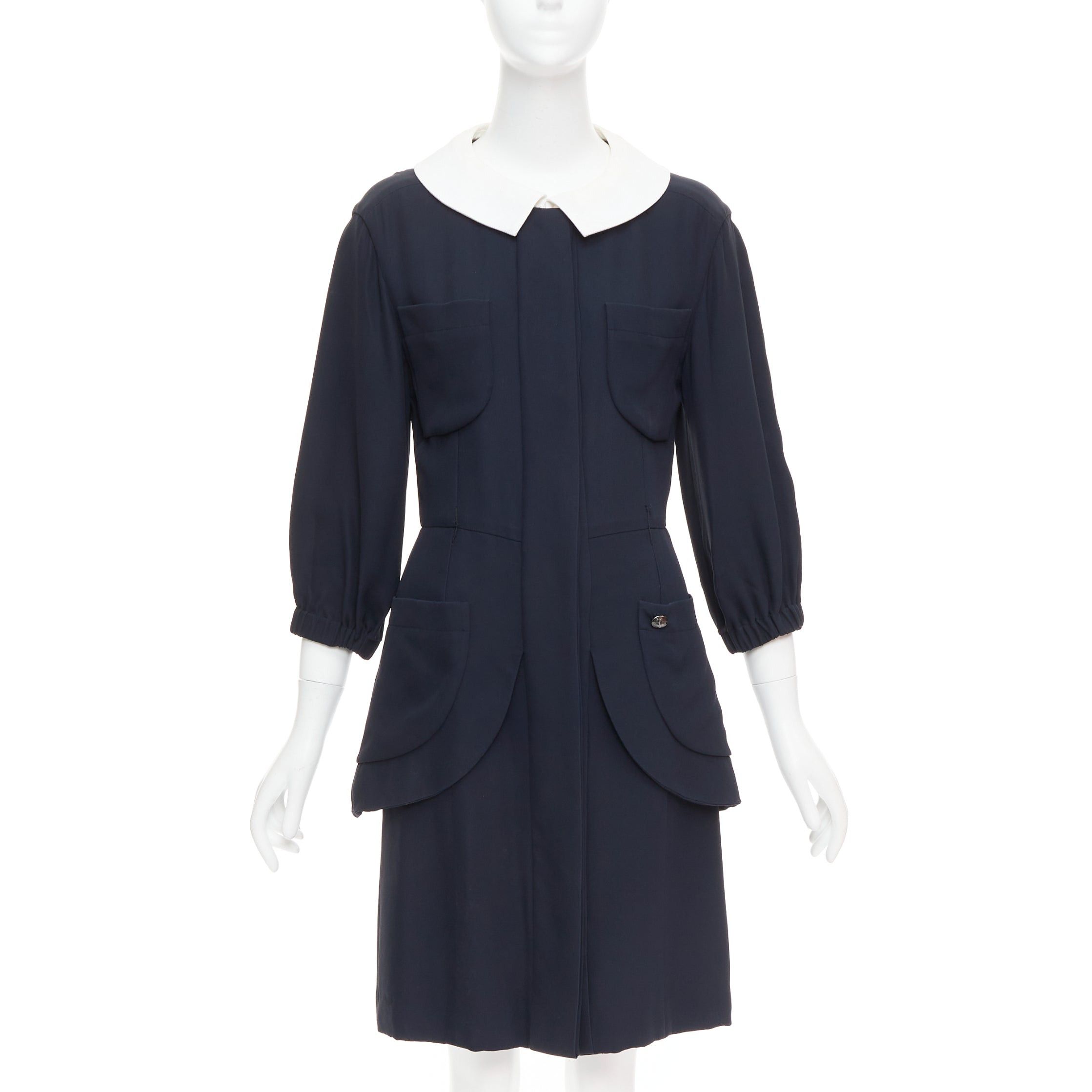 Chanel rare CHANEL 2015 Runway black silk white cotton collar trompe loeil dress FR36 S Size S / US 4 / IT 40 - 1 Thumbnail
