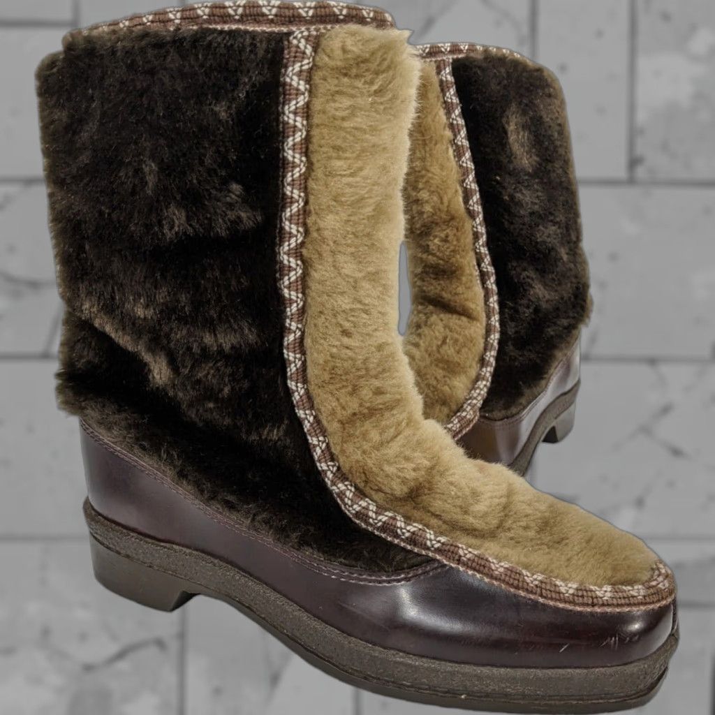 Vintage Snowland Snow Boots Women Size 6 Brown Wool Lined Fur Trim Zipper Flat Heel Shoes