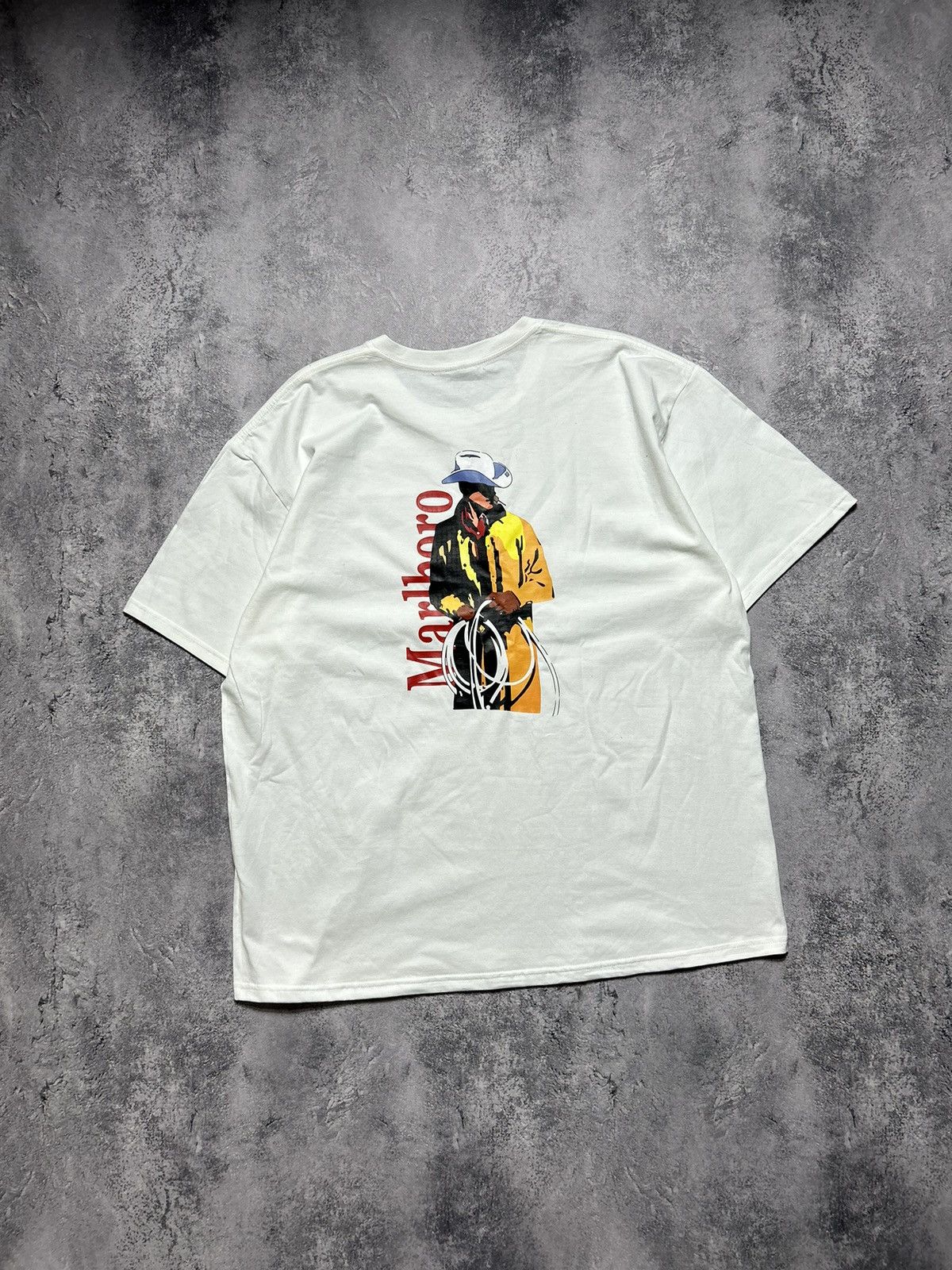 image of Vintage T-Shirt Cowboy Marlboro White Big Logo F1, Men's (Size Large)