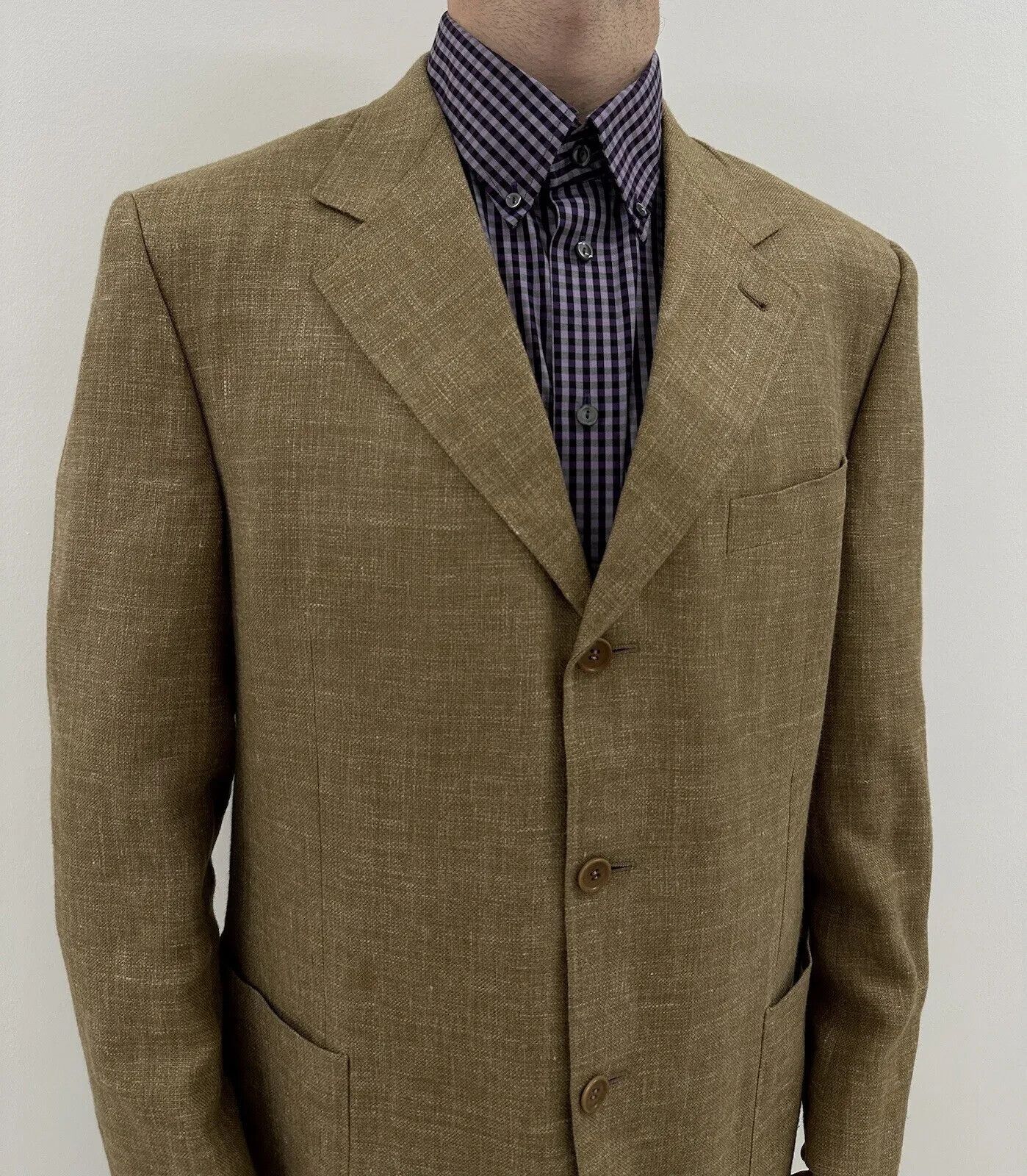 Canali Canali Blazer Sport Coat Mens Tan Plaid Silk Wool Linen Size 44R - 2 Thumbnail