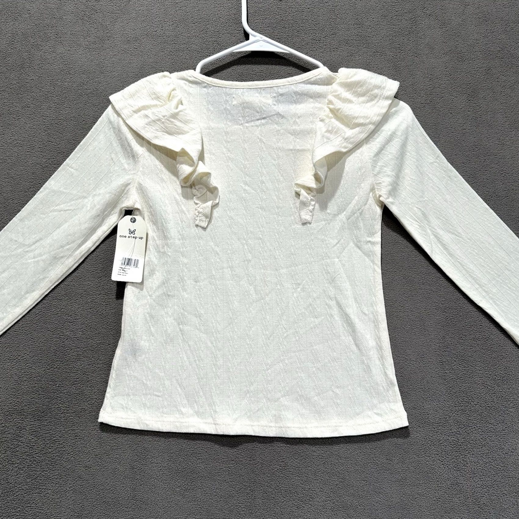 Vintage One Step Up Top Shirt Womens M Off-White Ivory Ruffle Sleeve Stretch Patterned NWT Size M / US 6-8 / IT 42-44 - 2 Thumbnail