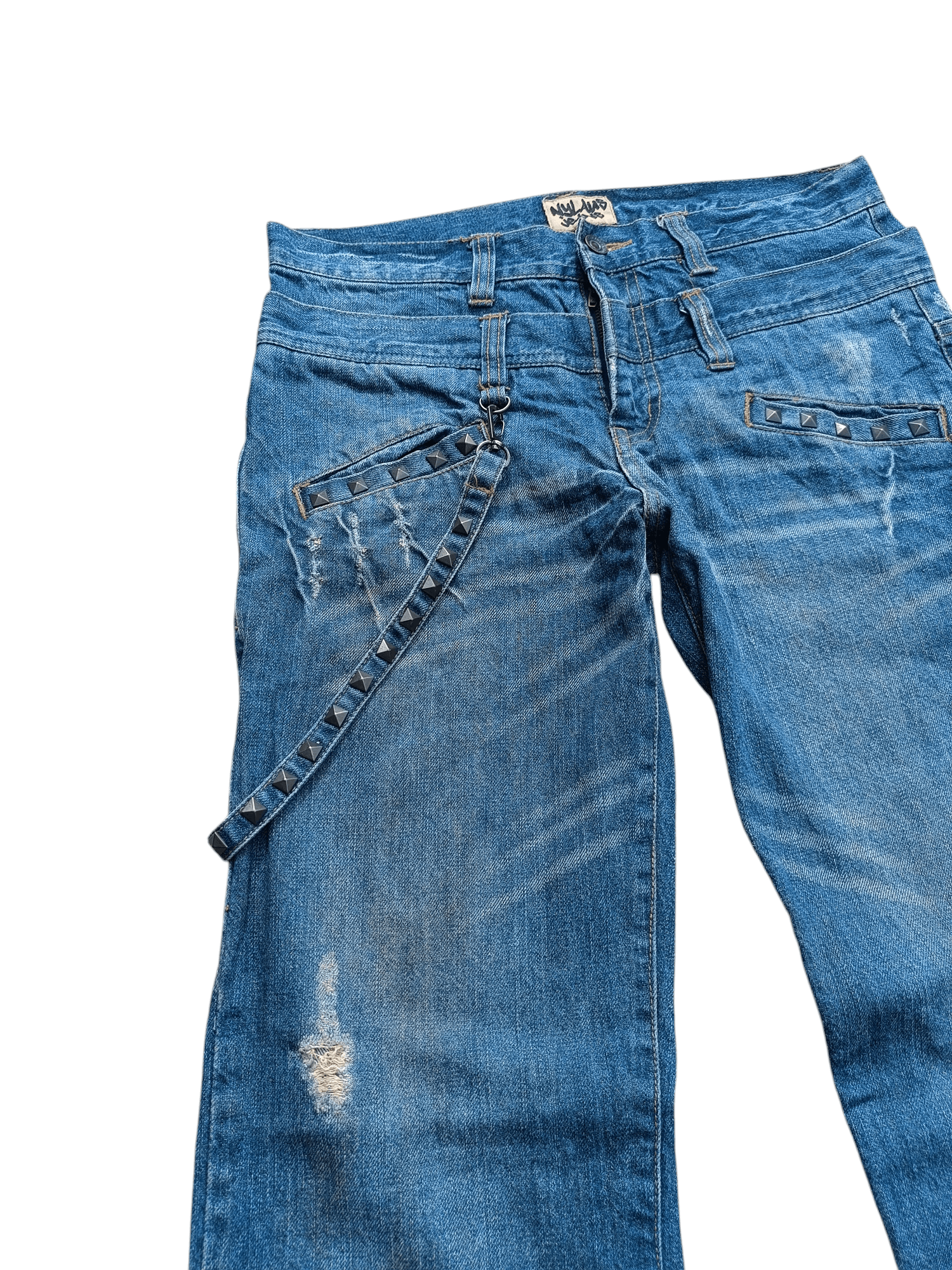 Japanese Brand 💥VINTAGE💥 NYLAUS DOUBLE WAIST STUD STRAP DISTRESSED JEANS Size US 32 / EU 48 - 6 Thumbnail