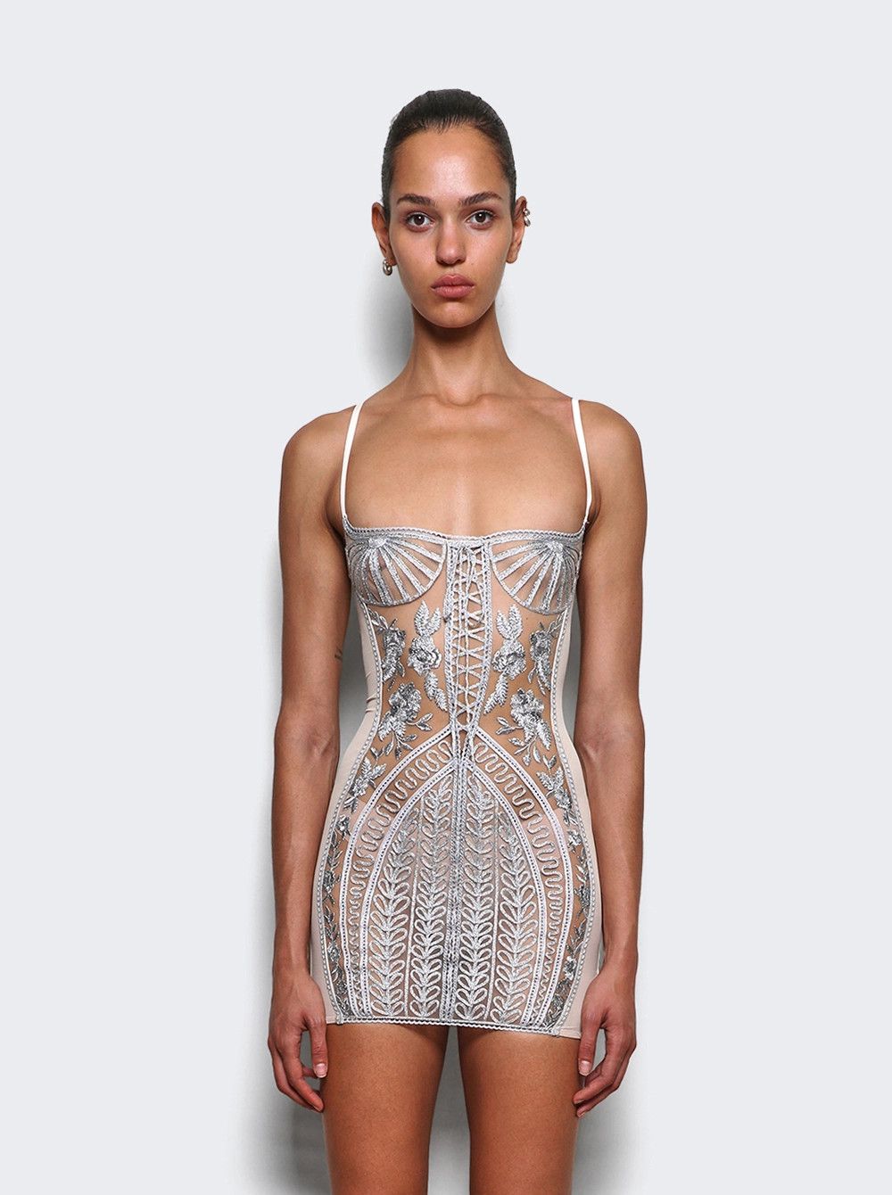 The Attico o1mle0526 Embroidered Sheer Mini Dress in Silver Size XS / US 0-2 / IT 36-38 - 3 Thumbnail
