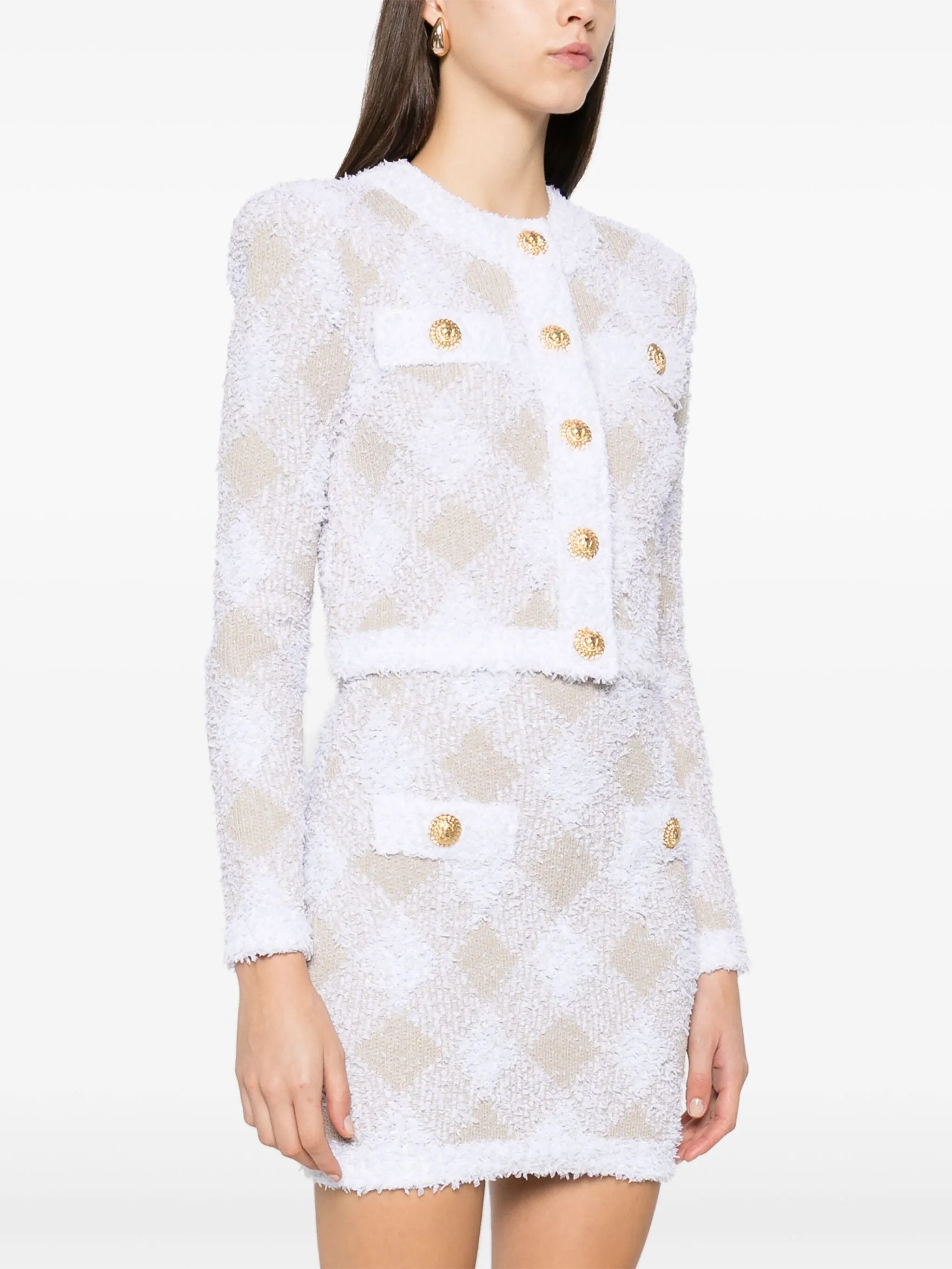 Balmain o1s1wg111025 Check Pattern Tweed Jacket in Blanc/ Beige Size L / US 10 / IT 46 - 3 Thumbnail
