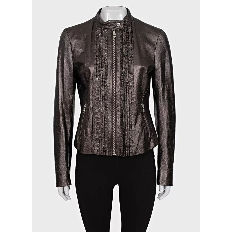 Prada Brown Leather Ruffle Jacket - Size XL (IT46)