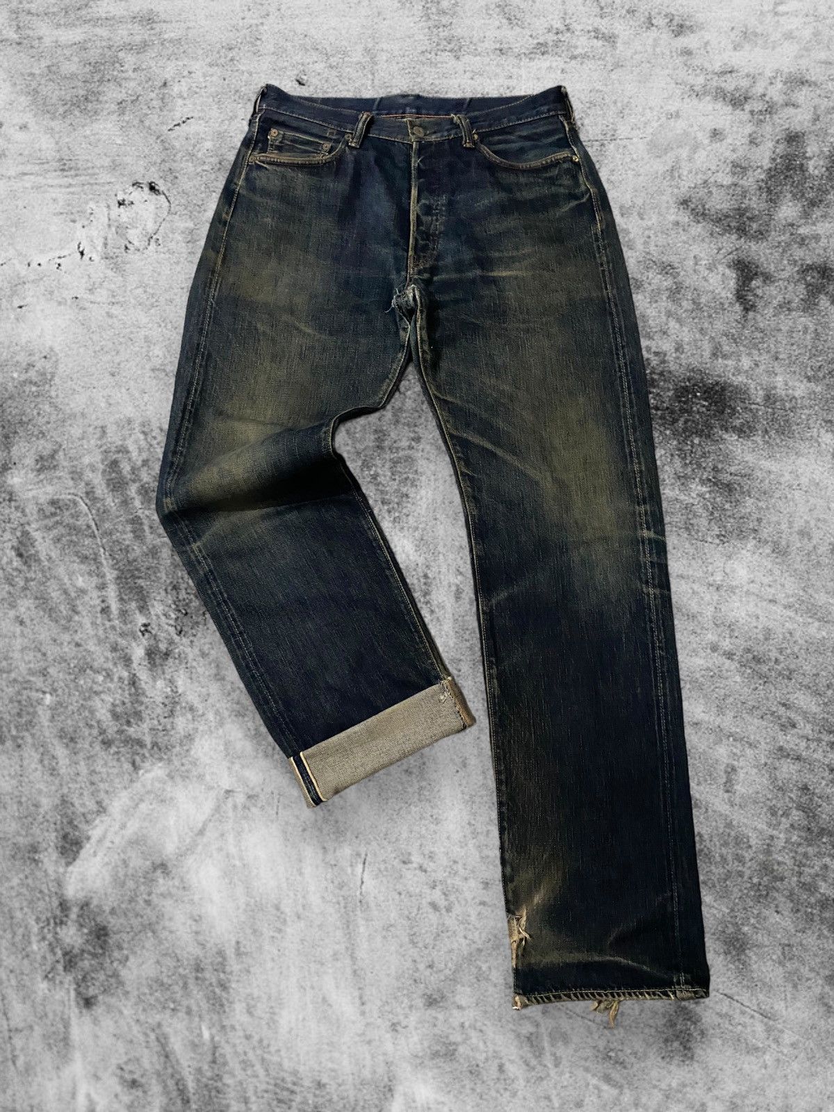 image of Distressed Denim x Full Count Co Vintage Full Count & Co. Mud Wash Distressed Selvedge Jeans in Blu