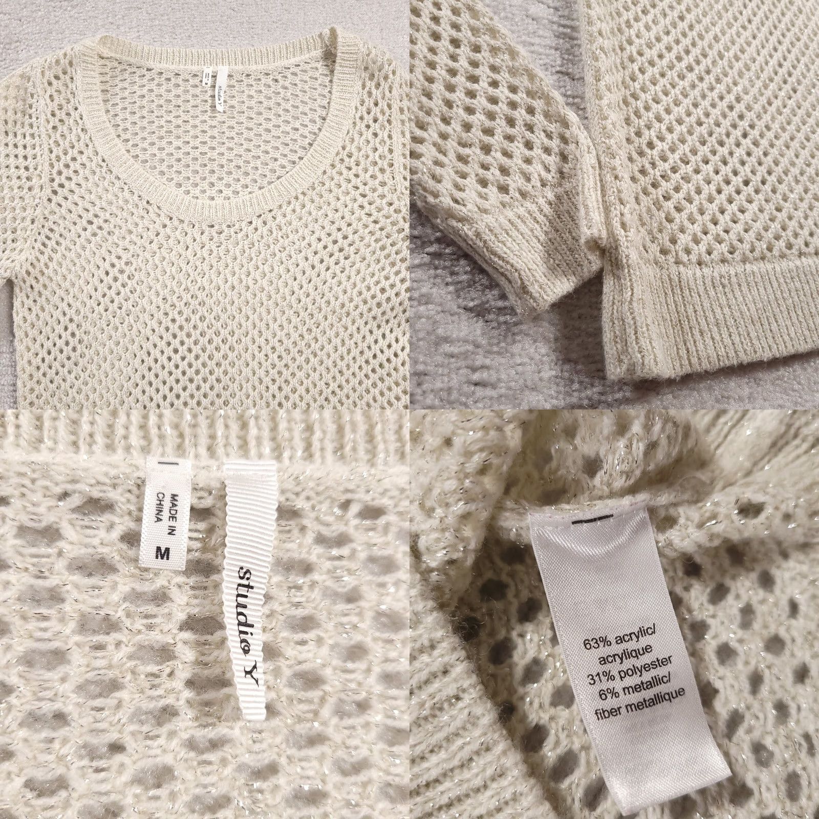 Vintage VINTAGE not applicable; STUDIO Y Crochet Knit SHEER Sweater Top Sz Medium Metallic SPARKLE Blouse Beige Size M / US 6-8 / IT 42-44 - 8 Thumbnail