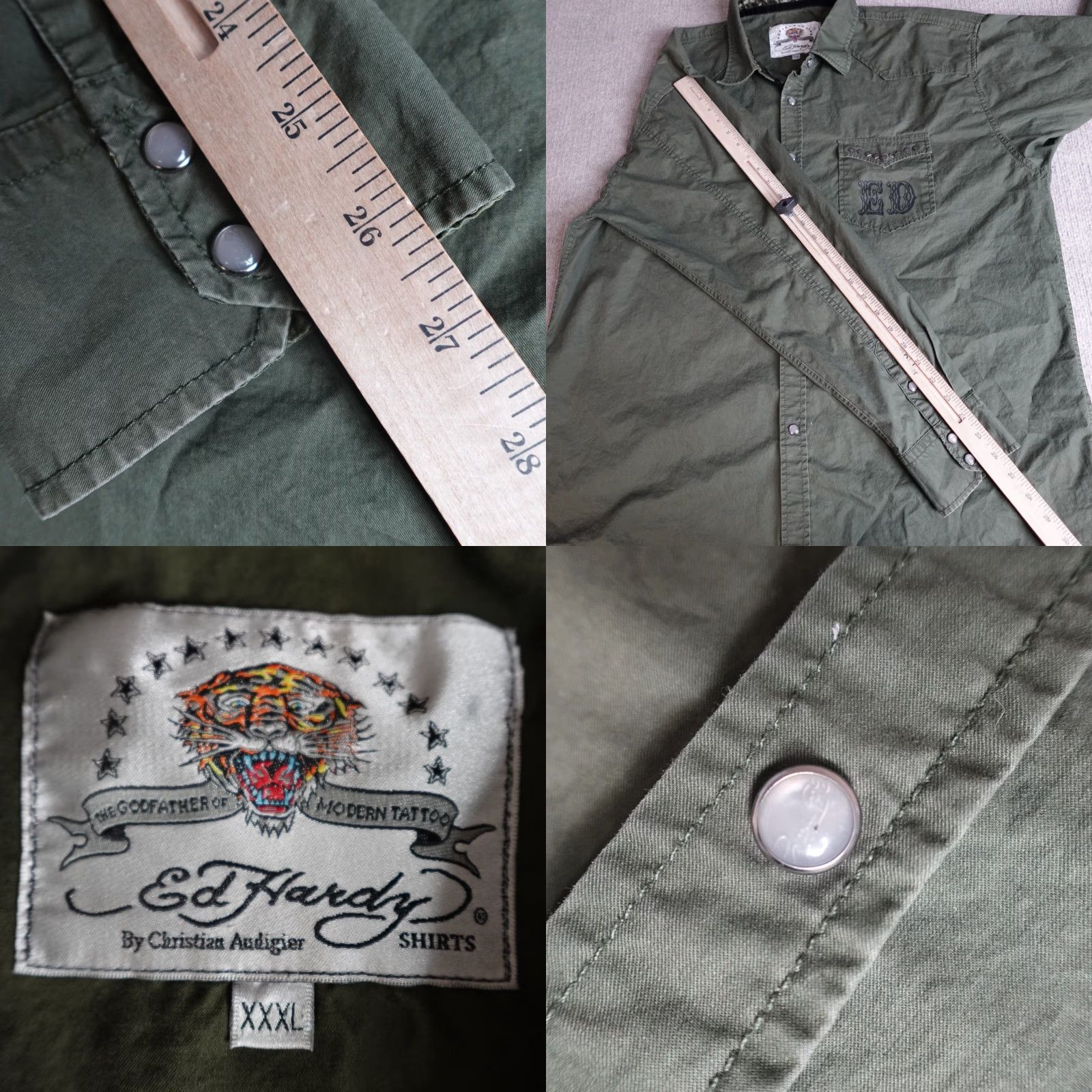 Ed Hardy Ed Hardy Shirt 3XL Green Olive Western Pearl Snap Flip Cuff Double Sided Long Sleeve Button-Up Mens Size US XXL / EU 58 / 5 - 8 Thumbnail