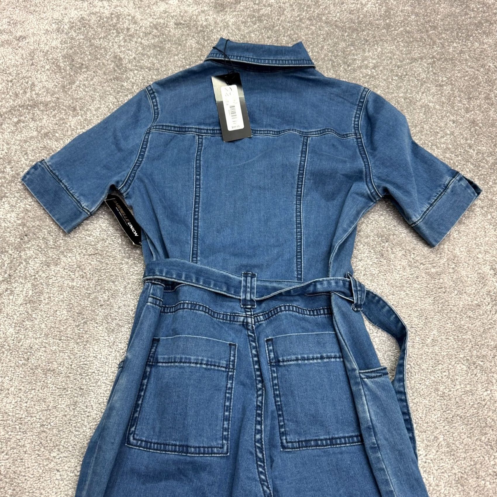 Vintage Gabrielle Union Jumpsuit Womens PXS Blue Denim Short Sleeve Zip Up Raw Hem NWT Size 26" / US 2 / IT 38 - 4 Thumbnail