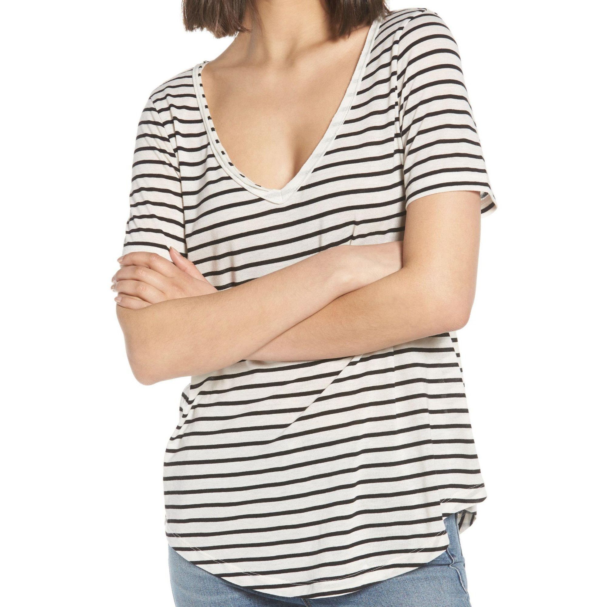 BP bp white ivory black striped raw edge v-neck tee extra small Size XS / US 0-2 / IT 36-38 - 1 Preview
