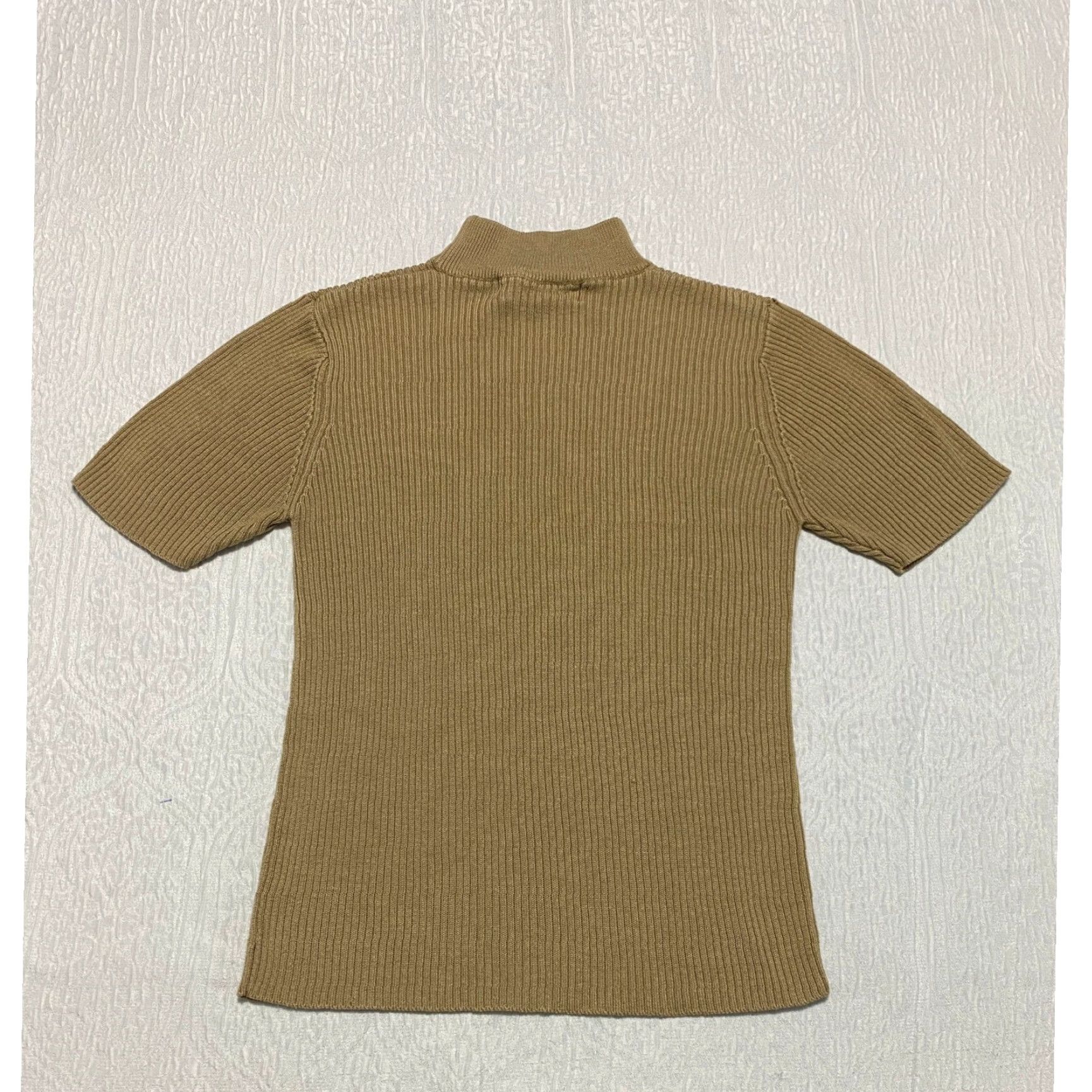Vintage VINTAGE Crystal Kobe Ribbed Knit Top Short Sleeve Mock Neck Acrylic Tan Small Women’s Shirt Size S / US 4 / IT 40 - 2 Thumbnail
