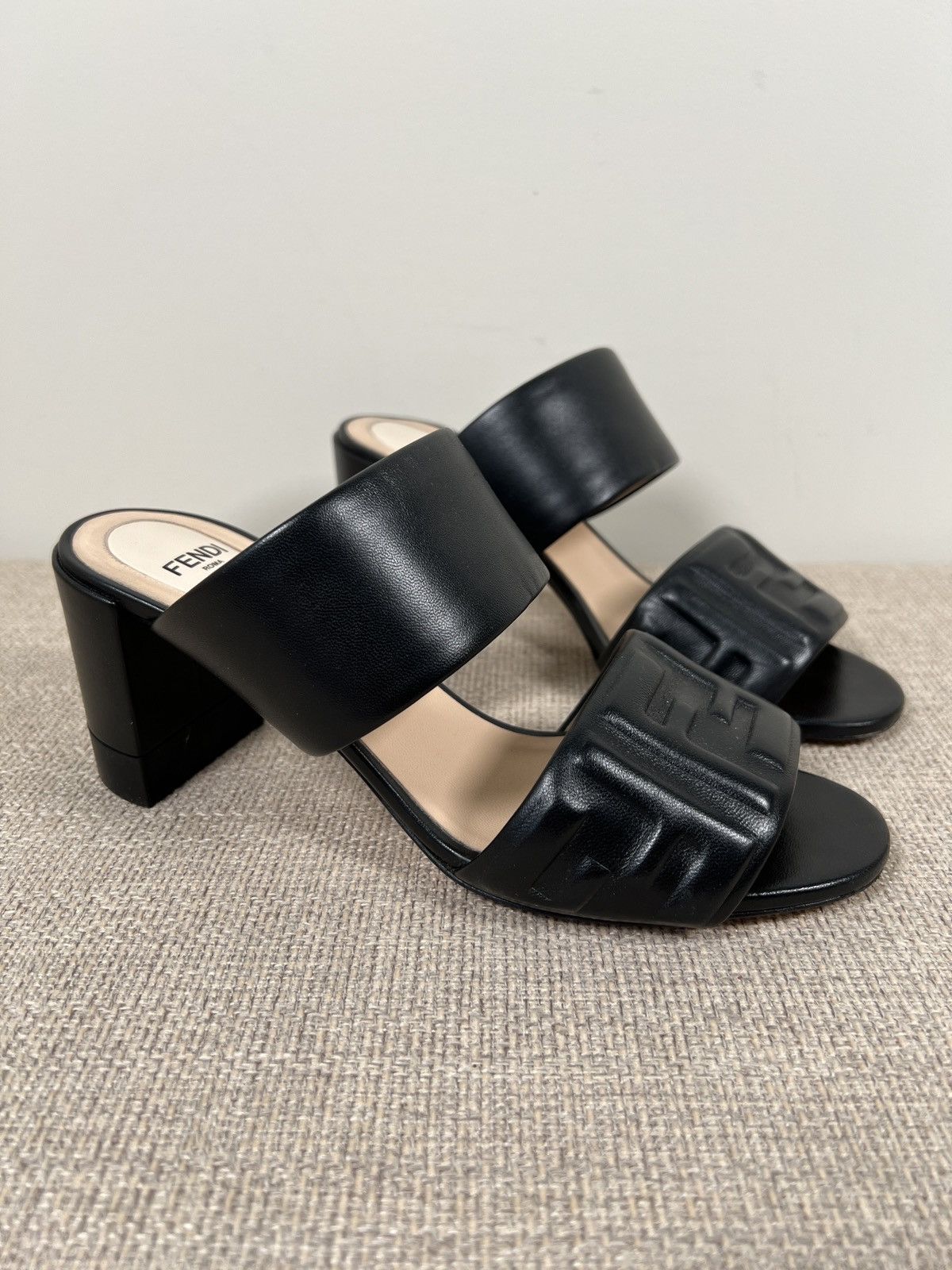 image of Fendi Black Forever Double Banded Sandals Platform Heel Shoes, Women's (Size 8)