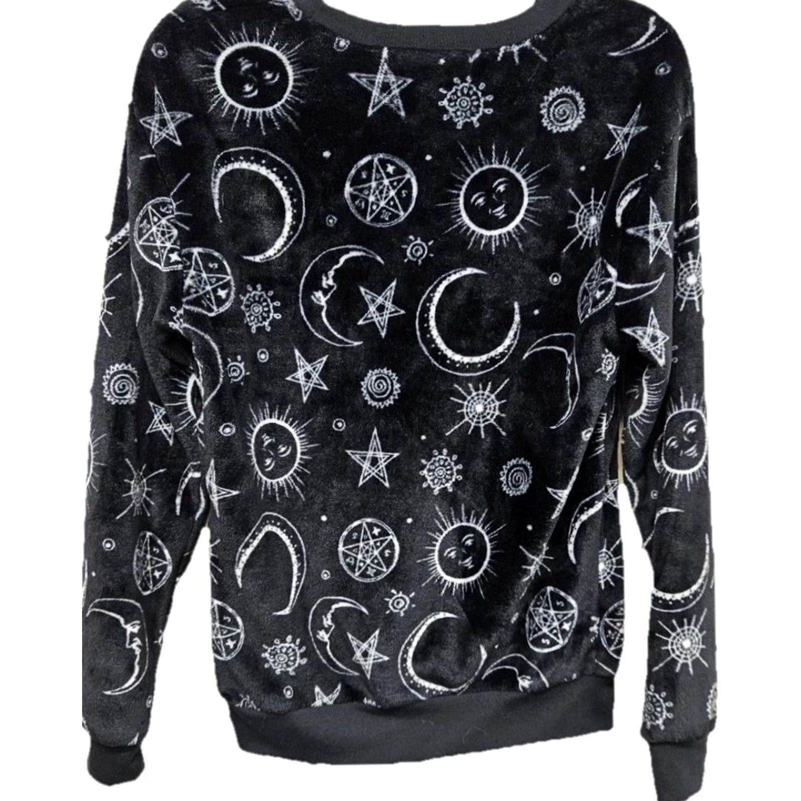Vintage Women’s XS Black Velvet Sweatshirt Moon Stars Celestial Print Crew Neck Pullover Wound Up Women Regular Black Velvet Stars Moon Sun Size XS / US 0-2 / IT 36-38 - 4 Thumbnail
