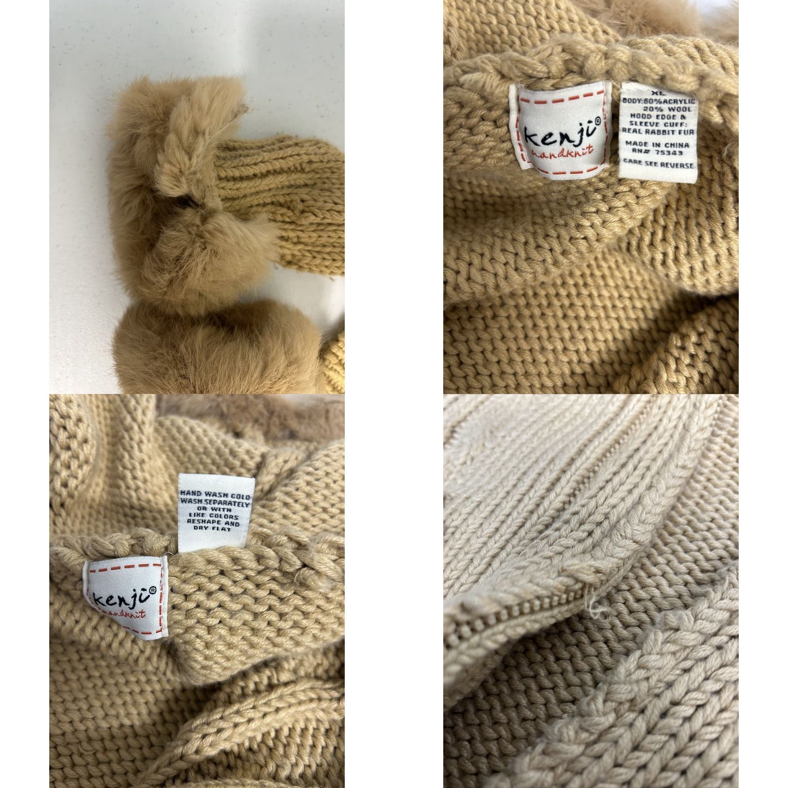 Vintage Kenji Full Zip Sweater Women Handmade Hand Knit Hooded Tan Brown Faux Rabbit Fur Accents Chunky Knit S XL Vintage: No Mens Womens? (Wait) Size S / US 4 / IT 40 - 8 Thumbnail