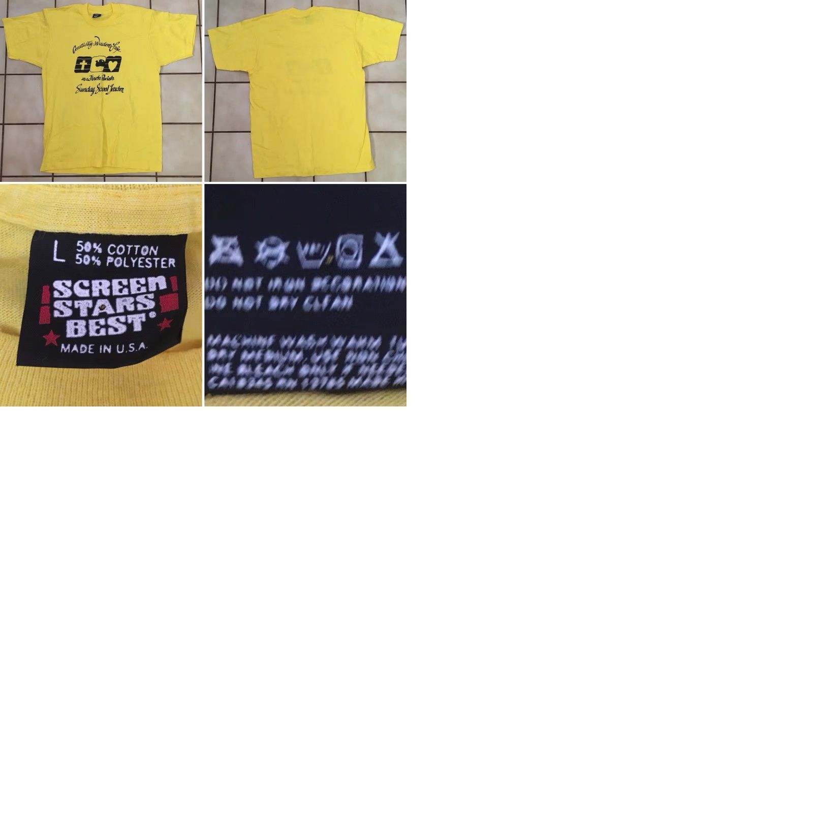 Vintage VINTAGE Screen Stars T-Shirt Yellow L Graphic Tee Unisex 1980s Sunday School Teacher Jireh Parish Wisdom Creativity Love Sz L Size US L / EU 52-54 / 3 - 9 Thumbnail