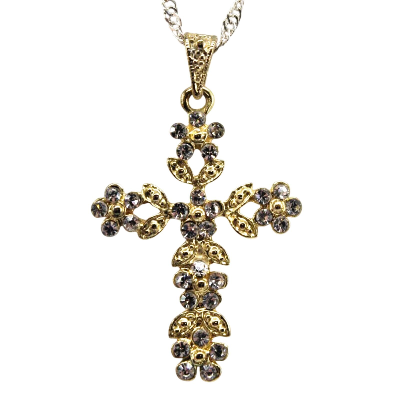 Other White Rhinestone Flower Christian Cross Pendant Silver Chain Size ONE SIZE - 1 Thumbnail