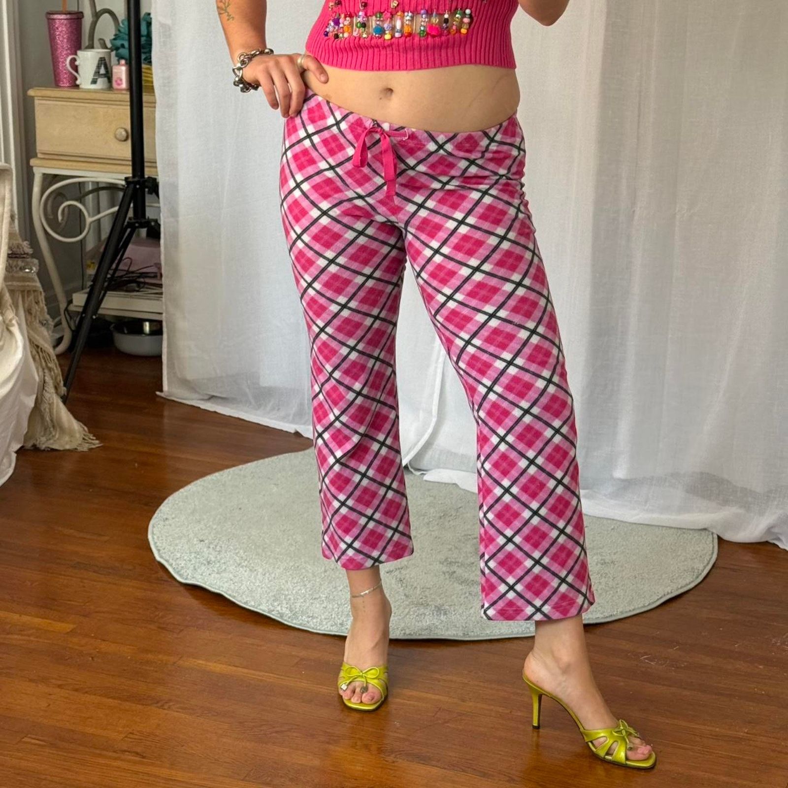 Vintage ✶ y2k low rise pink plaid fleece capri pants ✶ Size 30" / US 8 / IT 44 - 2 Thumbnail