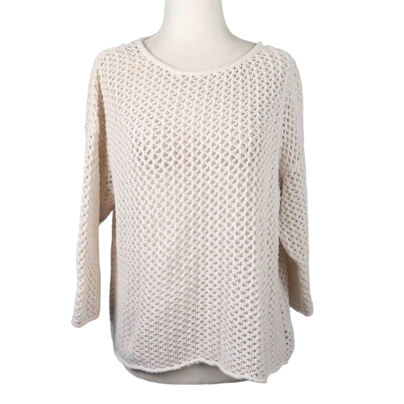 Jones New York VINTAGE 90s Jones New York Cream Open Knit Crochet Sweater M Cotton Casual Womens Size M / US 6-8 / IT 42-44 - 2 Thumbnail