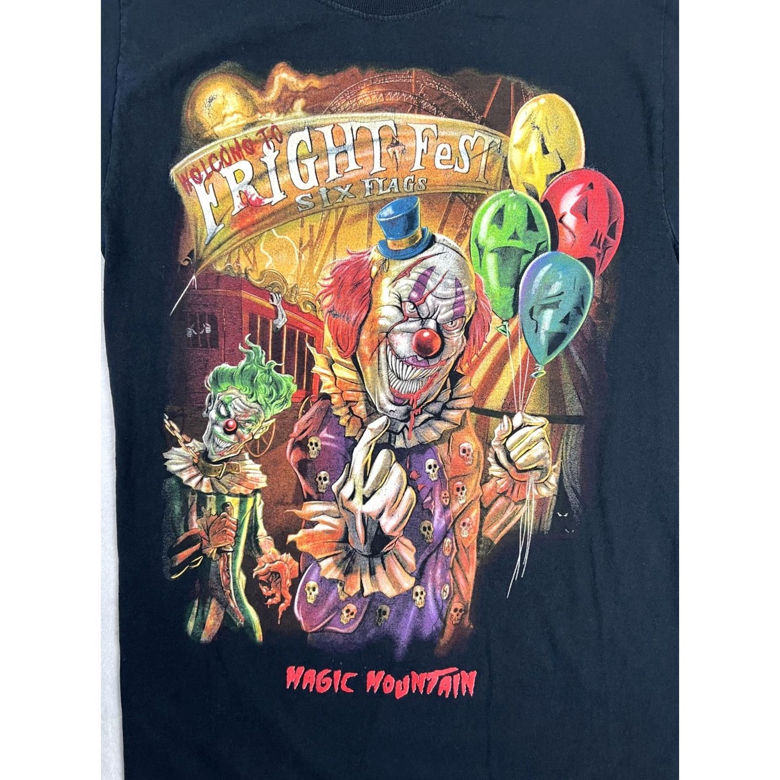 Fruit Of The Loom Six Flags Fright Fest Magic Mountain T-Shirt Mens Small Black Clown Halloween Shirt Size US S / EU 44-46 / 1 - 2 Thumbnail