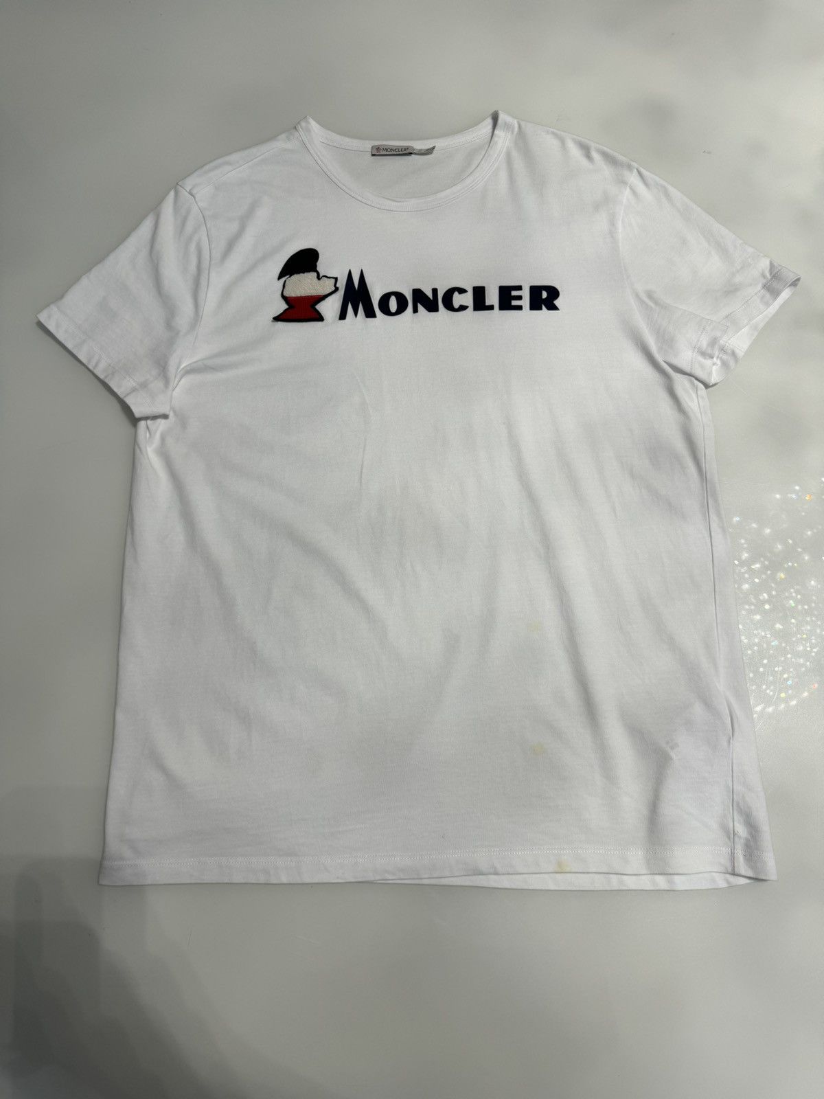 image of Moncler Patch Logo T Shirt White Size Xxl Slight Stain, Men's