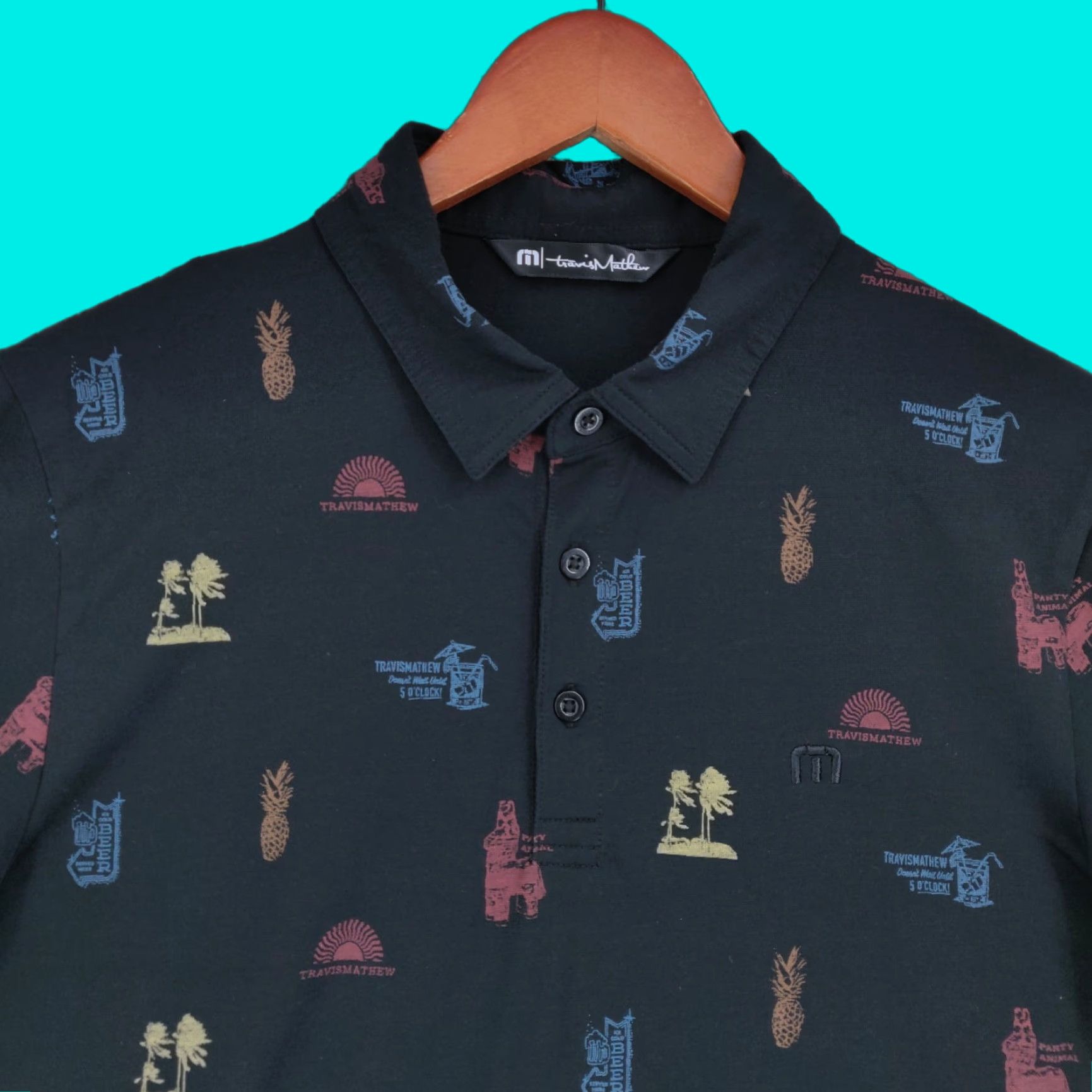 TravisMathew Travis Mathew Polo Shirt Mens Medium Black Geometric 5 O Clock AOP Short Sleeve Size US M / EU 48-50 / 2 - 1 Thumbnail