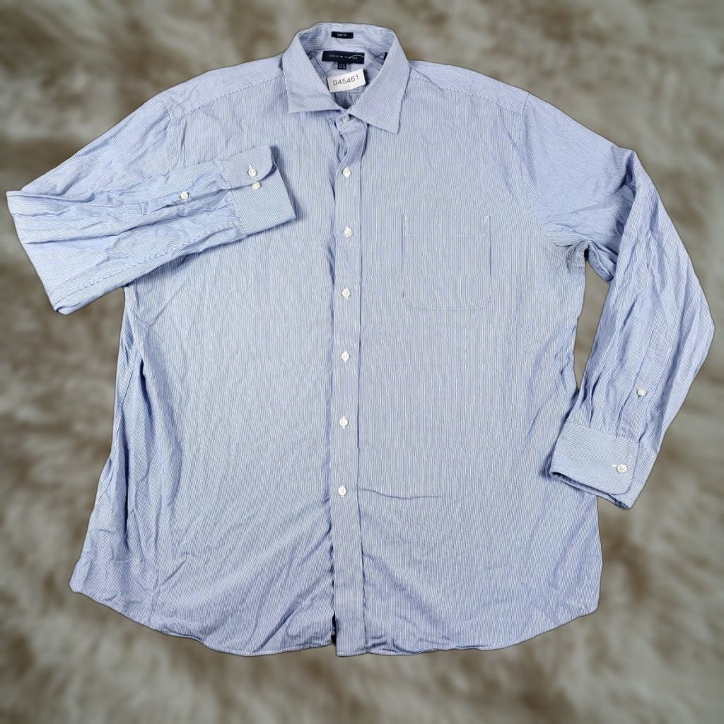 Tommy Hilfiger VINTAGE Tommy Hilfiger Shirt Mens 17.5 Blue Striped Dress Shirt Long Sleeve Button Up Size 46R - 1 Thumbnail