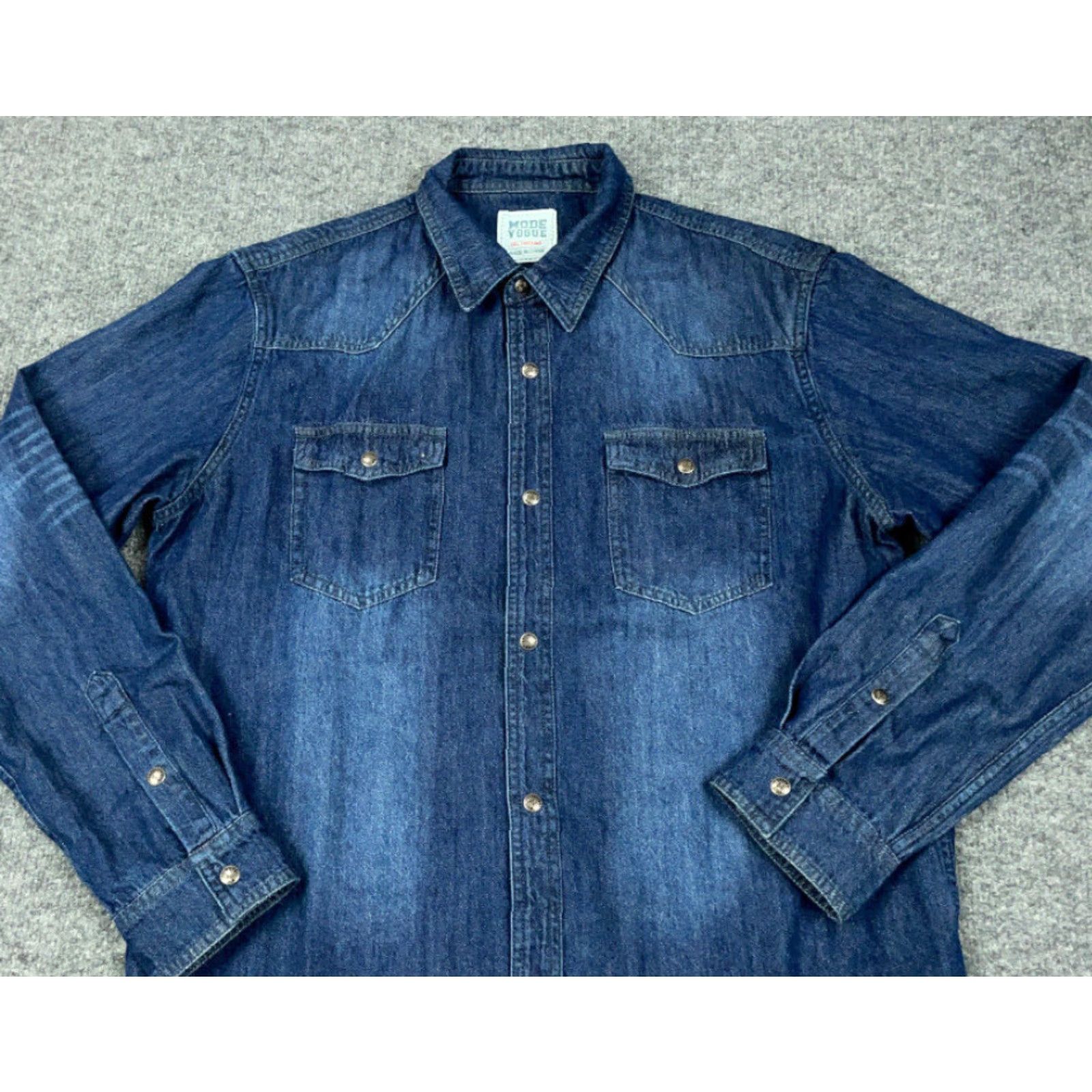Denime Western Style Shirt Adult XL Dark Blue Denim Snap Button Rockabilly Workwear Size US XL / EU 56 / 4 - 7 Thumbnail