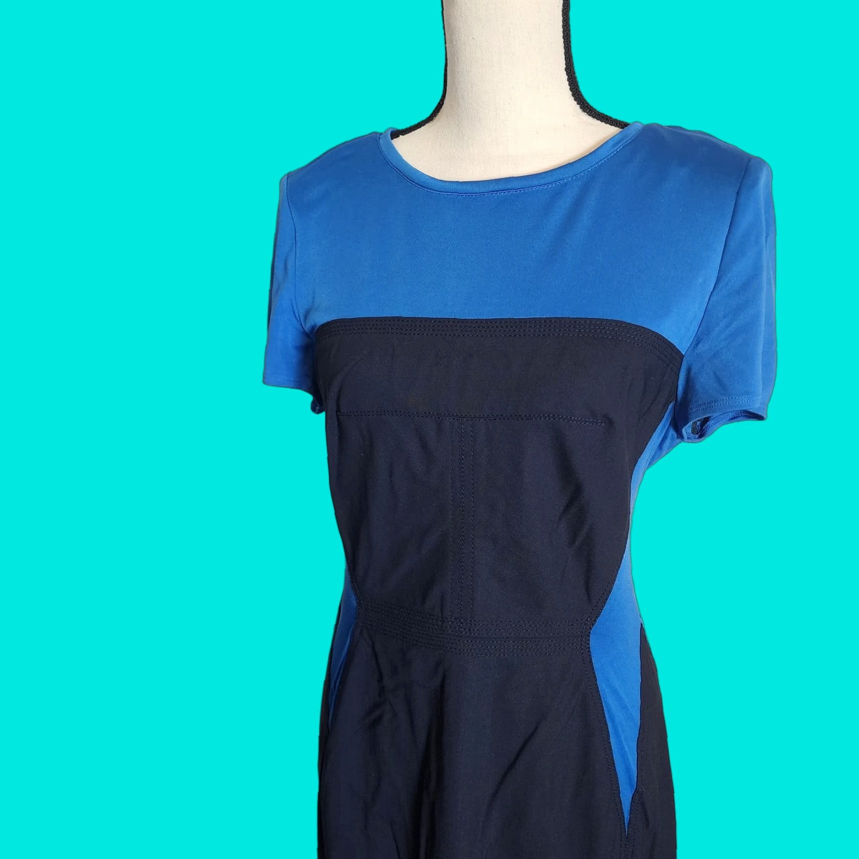 Vintage Rachel Roy Dress Navy Blue Light Blue Cocktail Sheath Short Sleeve Size 8 Holiday Party/Cocktail Size 30" / US 8 / IT 44 - 1 Thumbnail